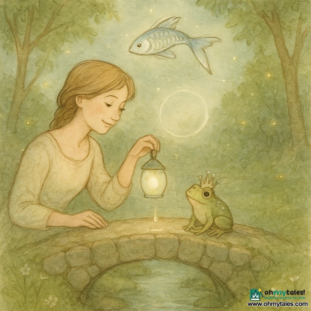 A young woman (about 20–25) with a soft smiling face and light brown hair in a loose braid holds a small glass lantern with a pale moonlike glow, tilts it so a drop of light falls onto an old smooth round-stone bridge over a stream; a tiny male toad crowned with dewdrop pearls sits at the bridge's center and looks up gratefully wearing a small crown of sparkling droplets, while a silver fish with blue-reflecting scales floats in the air like a leaf, forming a circle of light above them—tall trees with light-green leaves, golden fireflies, mossy ground and pale flowers complete the scene as the stone turns pearlescent, the toad smiles, and the fish dances in a calm, warm fairy-tale atmosphere.