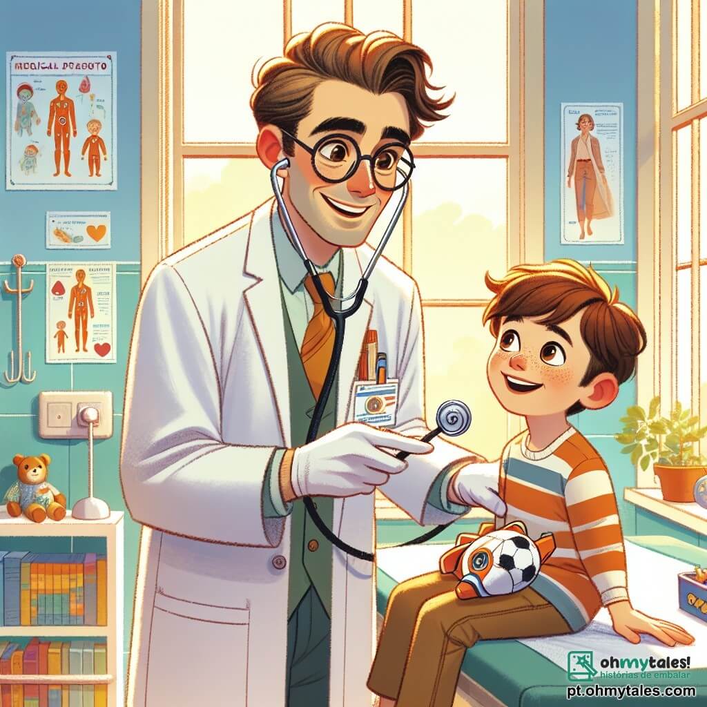 Um homem médico, o doutor Rui, sorridente e bondoso, usa um jaleco branco brilhante e óculos redondos. Seus cabelos castanhos estão levemente desgrenhados, e ele segura um estetoscópio enquanto escuta o coração de um garoto. O menino, Tomás, de 8 anos, tem cabelos castanhos e olhos curiosos. Ele está sentado em uma mesa de exame, segurando um pequeno boneco de plástico, seu astronauta, com um grande sorriso no rosto. O cenário é um consultório médico acolhedor, com paredes pintadas de azul claro, cartazes coloridos sobre saúde e brinquedos espalhados em uma prateleira. Uma janela deixa entrar a luz do sol, iluminando o ambiente e criando uma atmosfera acolhedora. A situação principal mostra o doutor Rui explicando a Tomás como cuidar de sua saúde e encorajando-o a não ter medo das consultas médicas.