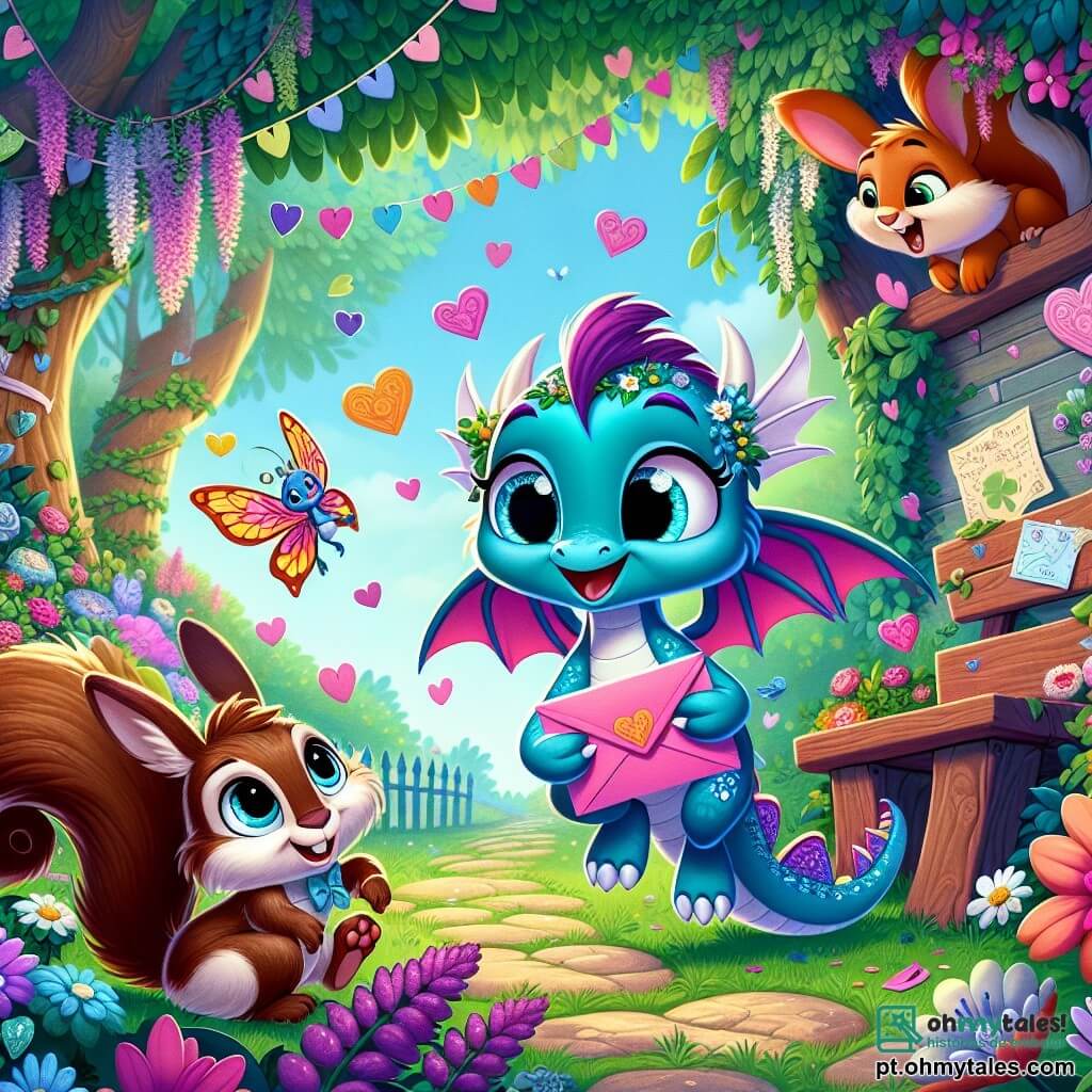 Uma pequena dragonesa azul, Lila, com asas cintilantes e um sorriso travesso, segura um envelope rosa com suas patas, seus olhos brilhando de curiosidade. Ao seu lado, um esquilo marrom chamado Fio, com uma cauda fofa e olhos redondos, salta de alegria, seu rosto iluminado pela excitação. Não longe, Zuzu, uma coelhinha vaidosa com grandes orelhas rosas, observa com um olhar intrigado, suas patas dianteiras no chão, pronta para pular.

O cenário é um jardim encantador, repleto de flores vibrantes, grandes árvores com folhas dançantes e guirlandas de corações de papel penduradas nos galhos. No centro, um velho banco de madeira coberto de trevos verdes, onde Lila encontrou o envelope misterioso.

A situação principal mostra Lila, Fio e Zuzu em plena caça ao tesouro, cercados por corações flutuantes e risadas, buscando pistas escondidas no jardim, prontos para descobrir o segredo do admirador misterioso.