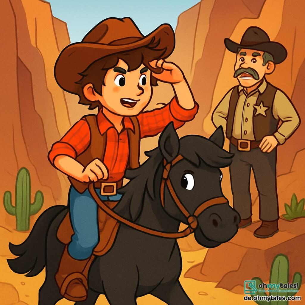Ein junger Cowboy, Rico, 12 Jahre alt, mit zerzausten braunen Haaren und funkelnden Augen voller Entschlossenheit, reitet auf seinem schwarzen Mustang namens Thunder. Er trägt einen abgetragenen Cowboyhut, ein rotkariertes Hemd und eine Lederweste. Sein Gesicht zeigt eine Mischung aus Aufregung und Mut, während er den Horizont nach Banditen absucht. In der Nähe steht der Sheriff, ein Mann in den Fünfzigern mit grauem Schnurrbart und weisem Blick, auf einem Felsen. Er trägt eine traditionelle Cowboy-Uniform mit einem glänzenden Stern auf der Brust und beobachtet Rico stolz, bereit, ihm Ratschläge zu geben. Die Szenerie ist eine enge Schlucht mit steilen Felswänden und geheimnisvollen Schatten. Der Boden ist mit goldenem Staub bedeckt, und einige verstreute Kakteen fügen diesem trockenen Landschaftsbild einen Hauch von Grün hinzu. Die Hauptsituation zeigt Rico, der sich konzentriert und bereit ist, sich auf das Abenteuer einzulassen, während der Sheriff ihn stillschweigend ermutigt, was eine Atmosphäre von Spannung und Erwartung schafft.