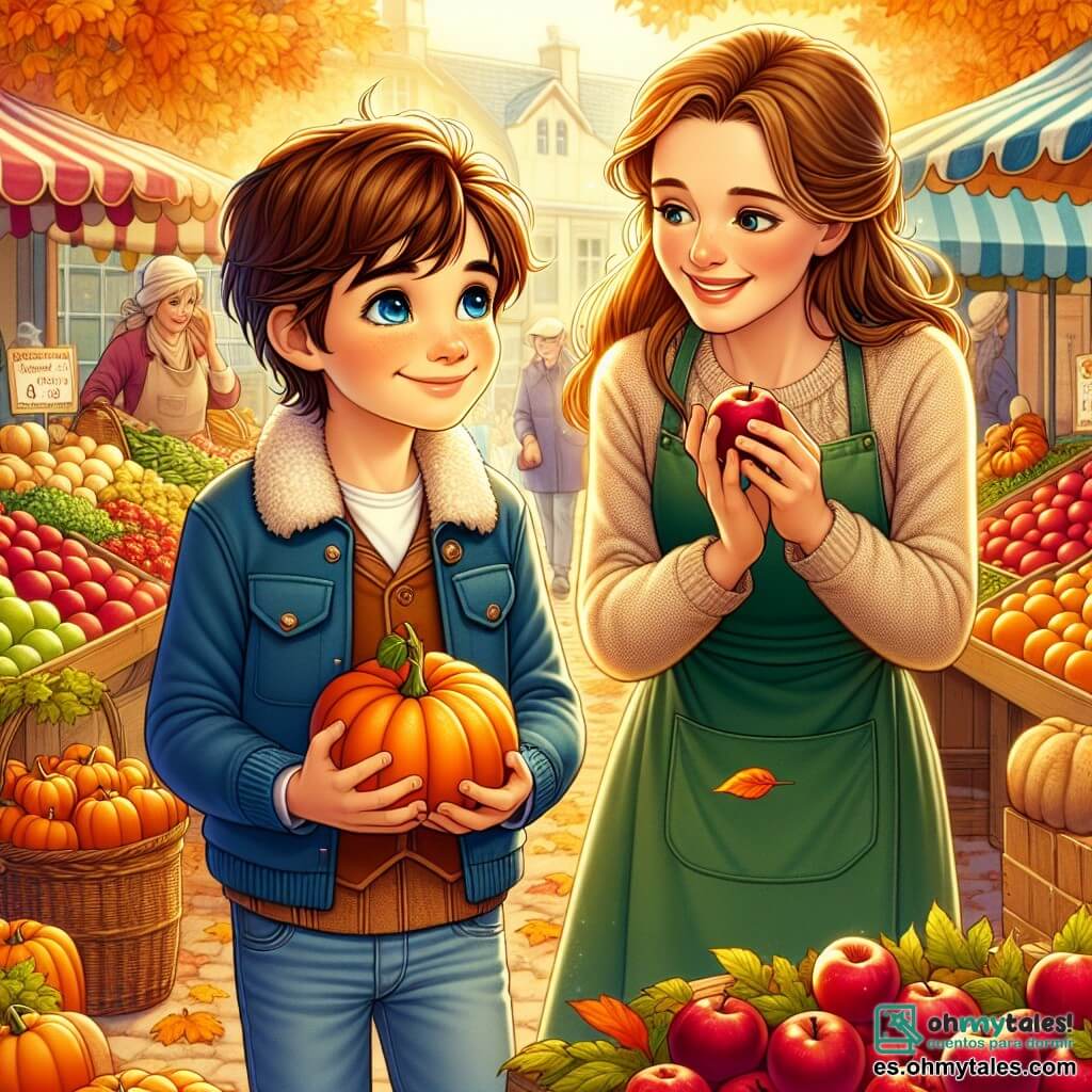 Un niño de 10 años, Lucas, con cabello castaño y ojos llenos de curiosidad, está en medio de un mercado de productores. Lleva una chaqueta azul y jeans, sonriendo con entusiasmo mientras sostiene una pequeña calabaza naranja en sus brazos. A su lado, su madre, una mujer de unos treinta años con cabello largo y castaño, lleva un delantal y examina manzanas rojas brillantes en un puesto. Ella le sonríe con orgullo, compartiendo este momento de complicidad. El mercado está animado, lleno de puestos coloridos repletos de frutas y verduras de otoño, con hojas doradas cayendo suavemente de los árboles circundantes. La escena transmite un ambiente cálido y alegre, capturando el espíritu del otoño y la magia de los momentos en familia.