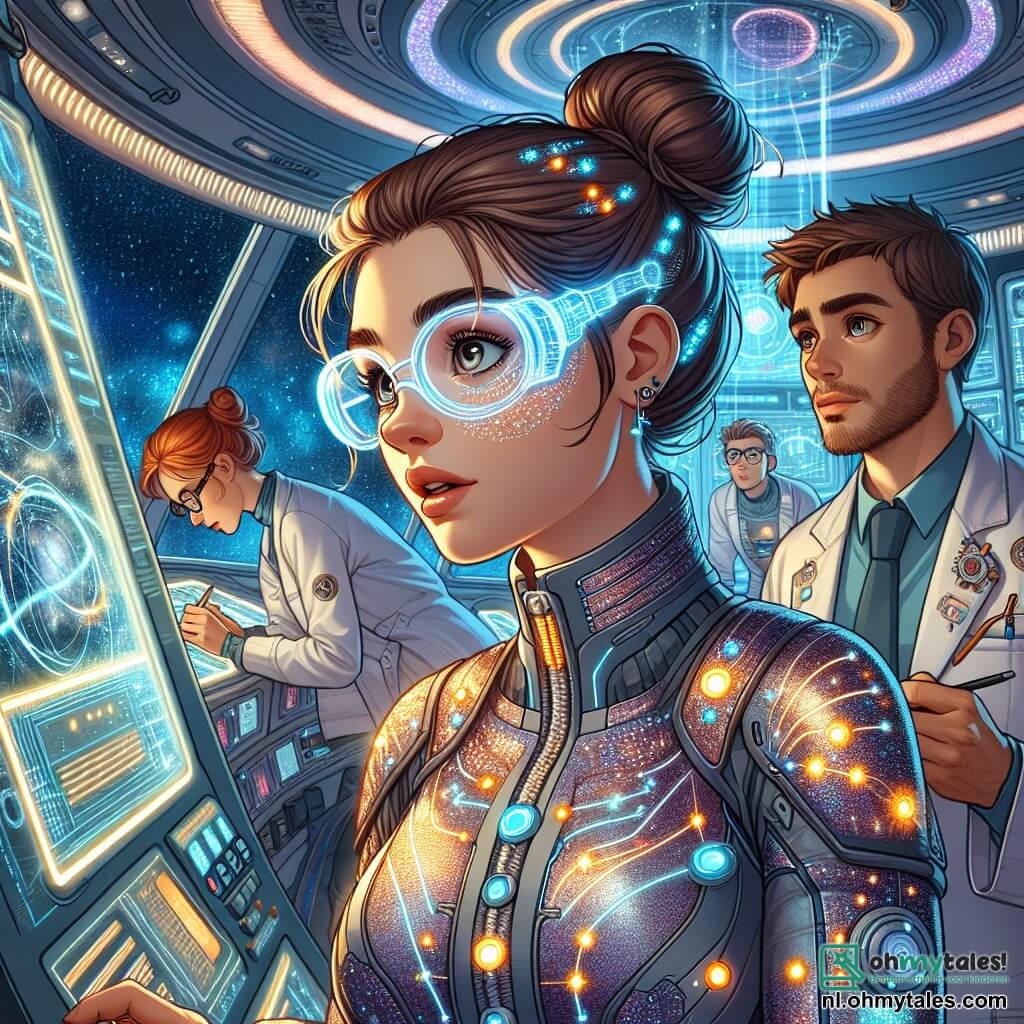 In het midden van de afbeelding staat Elena Voss, een vrouw van rond de dertig met een bruine bun en futuristische bril, die diepe nieuwsgierigheid en verwondering uitdrukt. Ze draagt een glanzend ruimtepak met fonkelende lichten en staat voor een groot controlepaneel, terwijl ze met een enthousiaste glimlach gegevens bekijkt. Naast haar observeert een jonge man, Alex, ongeveer 25 jaar oud met kort haar en een lichte baard, aandachtig het scherm. Hij draagt een laboratoriumjas en maakt aantekeningen op een tablet, met een geconcentreerde uitdrukking. Op de achtergrond past een ander teamlid, Mira, 28 jaar oud met rood haar en een bril, een complex apparaat aan, omringd door verschillende technologische apparatuur en met een vastberaden blik. De scène speelt zich af in de cockpit van een futuristisch ruimteschip, vol met heldere controlepanelen, holografische schermen die sterrenkaarten en realtime gegevens tonen. Panoramavensters onthullen een spectaculair kosmisch landschap met fonkelende sterren en een kleurrijke nevel op de achtergrond. De hoofdactie toont Elena en haar team die zich voorbereiden op een gedurfde ruimte missie, terwijl ze een mysterieuze signaal van een verre galaxy ontdekken, klaar om het onbekende met enthousiasme en vastberadenheid te verkennen.