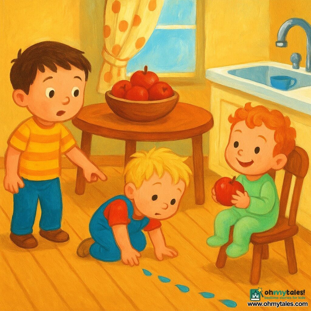 Three boys in a warm, sunny small kitchen with light wooden floors and a round varnished table holding a bowl of red apples: Ben (3) with short brown hair and a yellow striped T‑shirt stands left of the table pointing at a trail of water drops on the floor; Max (almost 3) with messy blond hair in blue overalls crouches at the center examining the drops; Sam (2), the little brother with curly red hair in light green pajamas, sits on a chair by the white sink on the right holding a shiny red apple and smiling; a small blue cup with apple pieces sits in the sink, soft sunlight comes through a polka‑dot curtained window, bright colors, rounded shapes, and cheerful expressions.