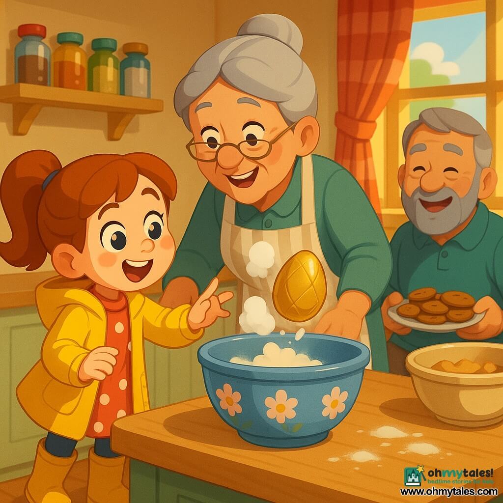 The 6-year-old girl is joyful and wide-eyed, wearing a bright yellow raincoat, a polka-dot dress and boots, reaching to tap a large blue ceramic mixing bowl decorated with flowers; the grandmother, about 65, smiling with gray hair in a bun and a striped apron, stands behind the counter leaning encouragingly toward her; the grandfather, about 68, calm and affectionate with a short graying beard, sits nearby laughing softly while holding a plate of cookies; the bright, welcoming kitchen has a blond wood countertop, colorful spice jars, a red-check curtain, a bowl of cookie dough and light dustings of flour, warm rays of sunlight through the window; the key moment shows the girl tapping the bowl three times as a small puff of flour rises and a large gold-wrapped chocolate egg gently falls into the bowl, creating a soft, colorful, surprising scene focused on gestures and expressions.