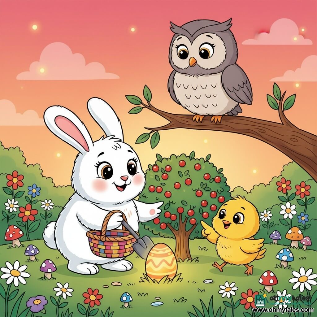A small white plush rabbit with long rounded ears, big shining eyes and a joyful, tender expression holds a colorful wicker basket and gently digs under a small red-berried bush; a fluffy yellow chick with curious round eyes hops beside the rabbit pointing at the bush; a soft-feathered gray owl with kind, wise eyes perches on a branch above, watching with a calm smile; a spring meadow at dusk with tender green grass dotted with white daisies, a red-berried bush at the center, flower patches and colorful mushrooms, and an orange-pink sky with fireflies; the rabbit discovers a softly glowing Easter egg painted with yellow and orange patterns, all characters gathered around in a warm atmosphere, bright colors and a simple rounded cartoon style with clear expressions for children.