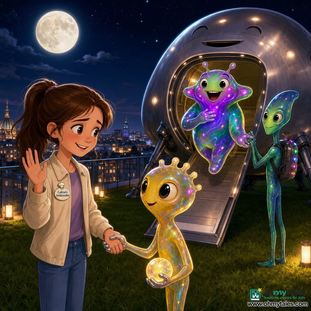 Mina, a shy 12-year-old with bright eyes and a brown ponytail, wearing a light jacket and a small "Culinary Ambassador" pin, waves goodbye; Crumb, a small alien with soap-bubble iridescent skin, four silver fingers and a golden tint, gently shakes Mina's hand while holding a small glowing orb gift; Drizzle, a thin alien with shifting green-blue skin and a blinking backpack, stands slightly right holding the ship's ramp and looking at the sky; Captain Crunchle, a broader alien with pulsing violet and green colors, floats on the ramp doing a bow with a surprised joyful face; behind them on the museum rooftop lawn a polished bean-shaped ship with a smiling arched door, soft lights and folded legs has its ramp open; the night scene features a metal balustrade, warm low lamps, a city below with yellow and blue lights and a bright full moon above — a warm, luminous farewell as three friendly aliens board their small ship under the moon, mid-shot composition with ship and moon in the background.
