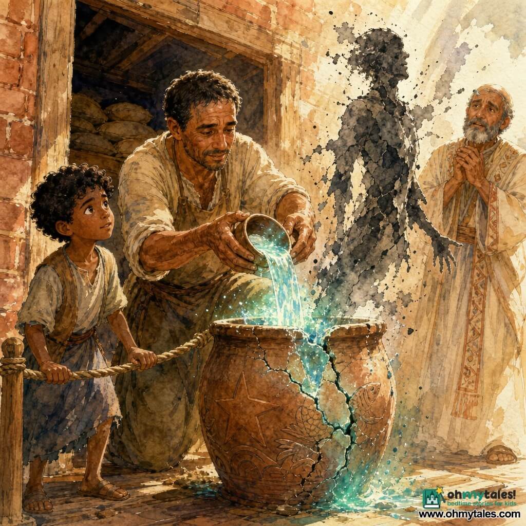 An adult potter with a sun-weathered face and short black hair, hands dirty with clay, gently pours a luminous blue-green water called "Abzu" from a small glossy clay cup onto a cracked clay vessel; a hopeful 10-year-old boy with dark curls stands slightly forward to the left holding a rope barrier and watching the flowing water, while a worried but relieved middle-aged priest in a pale robe stands in the background to the right with hands clasped; a thin, vaguely human, translucent shadow like burned paper rises and dissipates from the vessel as its star-and-fish motifs and widening cracks are softened; the scene is at the worn wooden threshold of an old brick warehouse with stacked grain sacks, dust lifted, diagonal shafts of golden light, warm terracotta tones contrasted by the blue-green glow, rendered in fluid watercolor strokes with controlled splashes around the water and shadow.