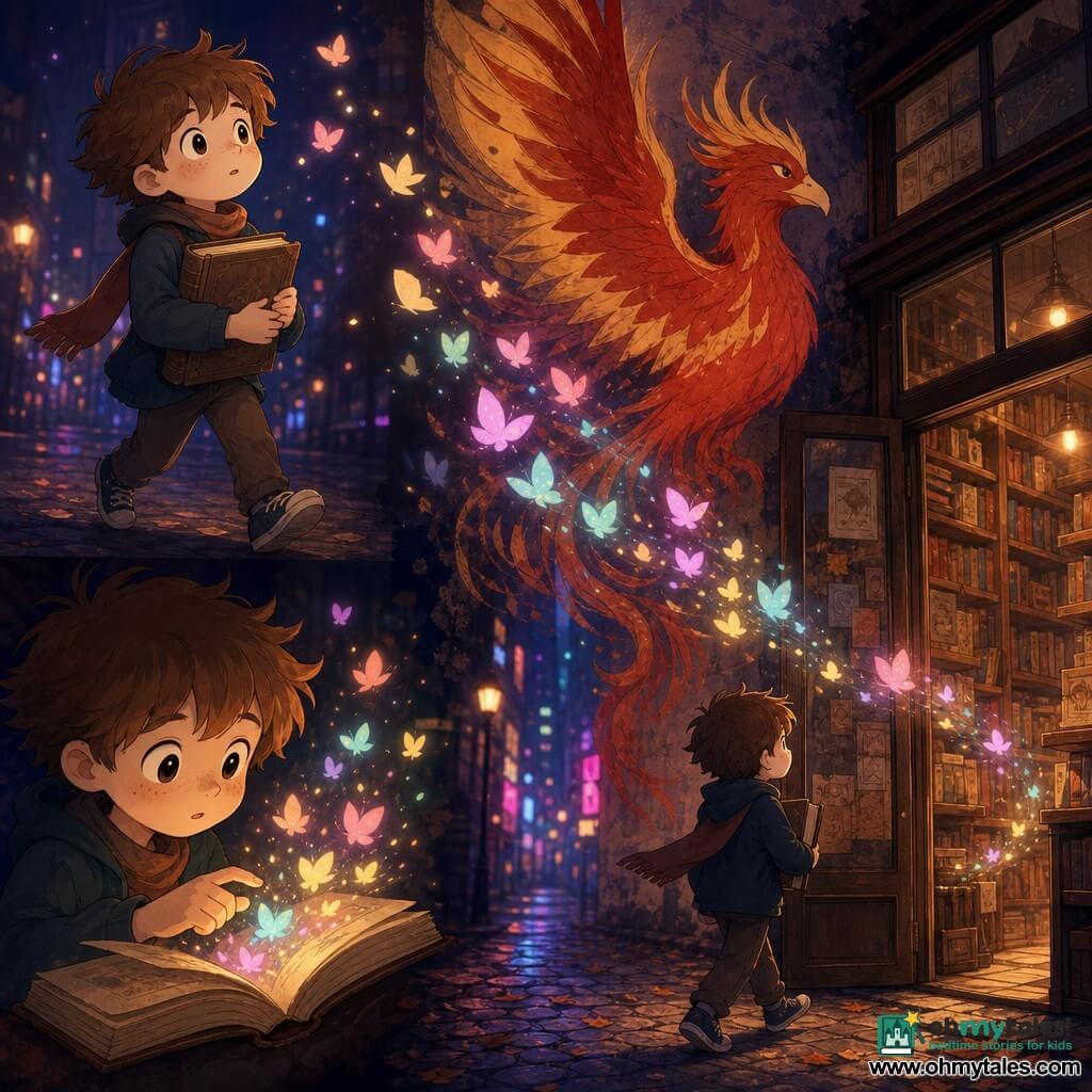 A 10-year-old boy with a round freckled face, messy brown hair and wide curious eyes holds an old book to his chest with a determined, awed expression as he steps lightly; he peers at pages that release small colorful lights like ink‑butterflies, which a large red-and-gold graffiti phoenix on a wall seems to guide toward the entrance of a narrow crooked bookstore—dark wooden shelves to the ceiling, a fogged window with yellowed posters and an old glass door opening onto a cobbled alley strewn with autumn leaves—while floating luminous, pastel, paperlike silhouettes swirl between boy and phoenix in a soft nighttime scene lit by warm shop light against sharp neon contrasts, composition centered on their encounter.