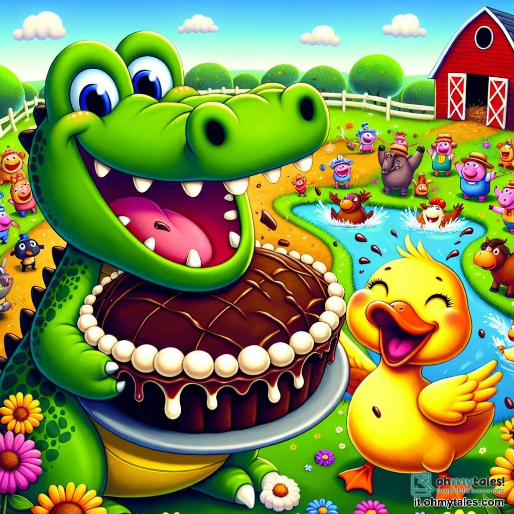 Un coccodrillo felice di nome Croc, con una pelle verde brillante e grandi occhi rotondi scintillanti di malizia, si trova al centro della scena, tenendo una enorme torta al cioccolato pronta per essere lanciata. Ha un ampio sorriso sul volto, mostrando i suoi denti bianchi e lucenti. Accanto a lui, un piccolo anatra gialla di nome Quack, con piume brillanti e un becco arancione, ride a crepapelle, con le ali aperte, pronta a prendere una torta. La scena si svolge in una fattoria colorata, con campi verdi sullo sfondo, fiori multicolori e un grande fienile rosso. Animali curiosi, come un maiale rosa e una mucca pezzata, guardano la scena con occhi sgranati, ridendo e applaudendo. Croc e Quack partecipano a una corsa esilarante in cui si lanciano torte di panna l'uno contro l'altro, creando un'esplosione di colori e risate, mentre spruzzi di panna e cioccolato volano nell'aria, aggiungendo un tocco di magia a questa gioiosa competizione.