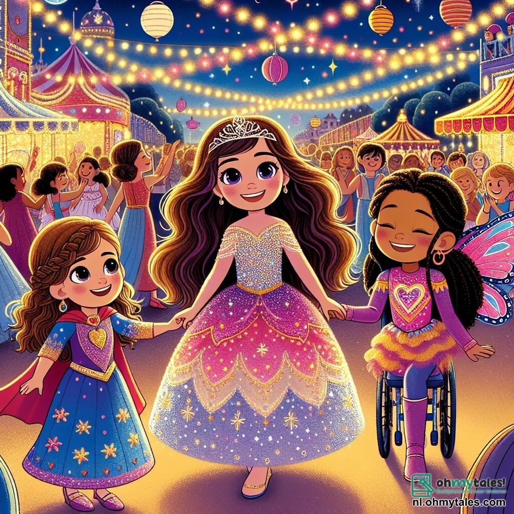 In het midden van de afbeelding zijn drie vriendinnen samengekomen om carnaval te vieren. Lila, een 8-jarig meisje met lange bruine haren en sprankelende ogen, draagt een prachtige prinsessenjurk versierd met glitters en kleine schitterende sterren. Rechts van haar staat Noor, een 9-jarig meisje met vlechten en een grote glimlach, verkleed als superheldin met een wapperende rode cape. Links zit Sara, een 8-jarig meisje in een rolstoel, met krullend haar en een kleurrijk vlinderkostuum met glanzende vleugels die lijken te willen opstijgen. De achtergrond is een levendig park, vol met kleurrijke kraampjes, zwevende ballonnen en stralende bloemen. Lichtjes versieren de ruimte, terwijl groepen mensen vrolijk om hen heen dansen. In de achtergrond paradeert een grote optocht met versierde wagens en levendige muzikanten. De drie vriendinnen dansen samen, lachend en zich vermakend, terwijl ze zich naar een blije clown begeven die ballonnen in de vorm van een vlinder, ster en superheld vasthoudt, klaar om deel te nemen aan het carnaval.
