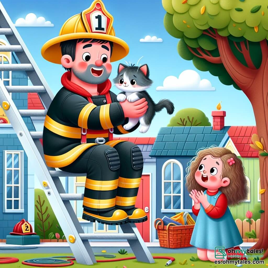 Un bombero llamado Pablo está en la cima de una escalera roja brillante, sonriendo con orgullo y determinación. Lleva un casco amarillo y un traje de bombero rojo, con botas negras, y sostiene delicadamente un pequeño gatito gris de ojos redondos y curiosos en sus brazos. Al lado de la escalera, una niña de unos 6 años, con cabello rizado y un vestido azul, mira a Pablo con admiración. Ella aplaude, asombrada por el valor del bombero. El escenario se desarrolla en un encantador pueblo, con casas coloridas, árboles verdes y un cielo azul con nubes blancas. Un gran roble se alza cerca, donde el gatito estaba atrapado en las ramas. La situación principal muestra a Pablo salvando al gatito, mientras la niña aplaude, llena de asombro y alegría, creando una atmósfera de camaradería y valentía.