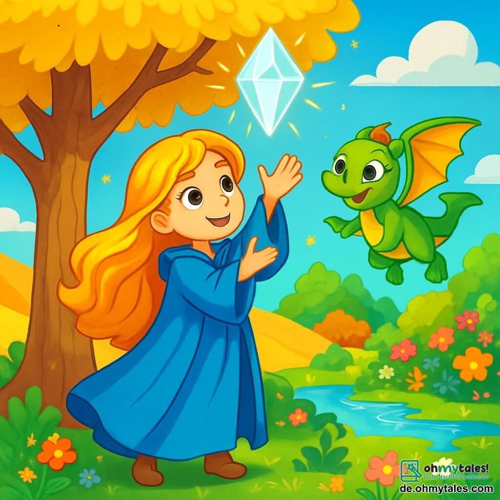 Alia, eine junge Frau mit langen, welligen und glänzenden Haaren wie goldene Fäden, trägt einen langen blauen Mantel, der um sie flattert. Ihr Gesicht zeigt Entschlossenheit und Staunen, ihre Augen funkeln vor Neugier. Sie steht vor einem großen Baum mit goldenen Blättern und hebt die Hände zu einem wunderschönen leuchtenden Kristall, der im Mittelpunkt der Szene strahlt. Neben ihr ist Lumi, ein kleiner grüner Drache mit schimmernden Schuppen, der aufgeregt mit den Flügeln schlägt. Seine runden und schelmischen Augen reflektieren das Licht des Kristalls, und er scheint bereit zu sein, zu fliegen und zu erkunden. Im Hintergrund erscheint ein geheimer Garten aus einer weiten Sanddünenlandschaft, gefüllt mit bunten Blumen und funkelnden Wasserquellen. Der Himmel ist strahlend blau, gesprenkelt mit flauschigen weißen Wolken. Die Hauptsituation zeigt Alia und Lumi, die den magischen Kristall entdecken, ein Symbol ihrer Suche, die Wüste in ein grünes Paradies zu verwandeln.