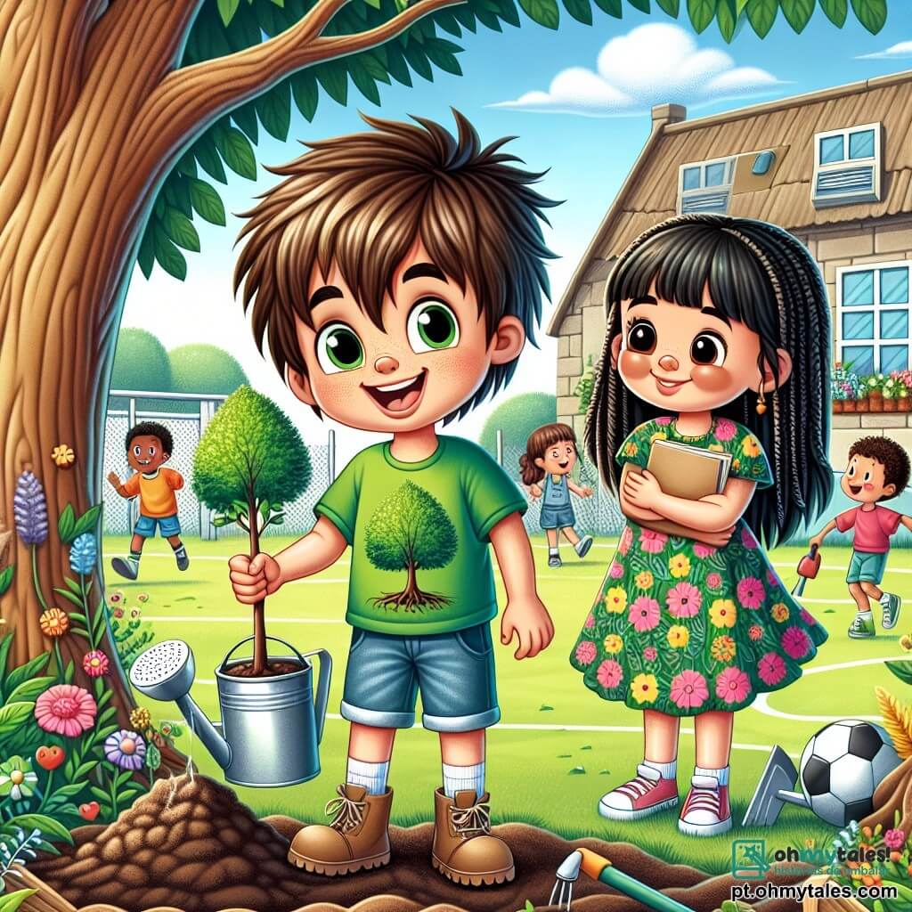 Um menino de 10 anos, chamado João, está no centro da imagem, com um grande sorriso no rosto e os olhos brilhando de entusiasmo. Ele tem cabelos castanhos bagunçados, usa uma camiseta verde vibrante com um motivo de árvore e um short de jeans. João está plantando uma pequena muda de árvore no solo, cercado de terra e algumas ferramentas de jardinagem. Ao lado dele, sua melhor amiga Ana, uma menina de 9 anos, observa admirada. Ela tem longos cabelos negros trançados e veste um vestido colorido com flores. Ana segura um regador e parece pronta para regar a jovem planta. Ao fundo, há um pátio escolar animado, com crianças jogando futebol e outras desenhando em quadros de madeira. Árvores já desenvolvidas oferecem sombra, e flores coloridas margeiam os caminhos. A cena principal mostra João e Ana, determinados e alegres, plantando árvores para combater a mudança climática, simbolizando a esperança e o compromisso dos jovens por um futuro melhor.