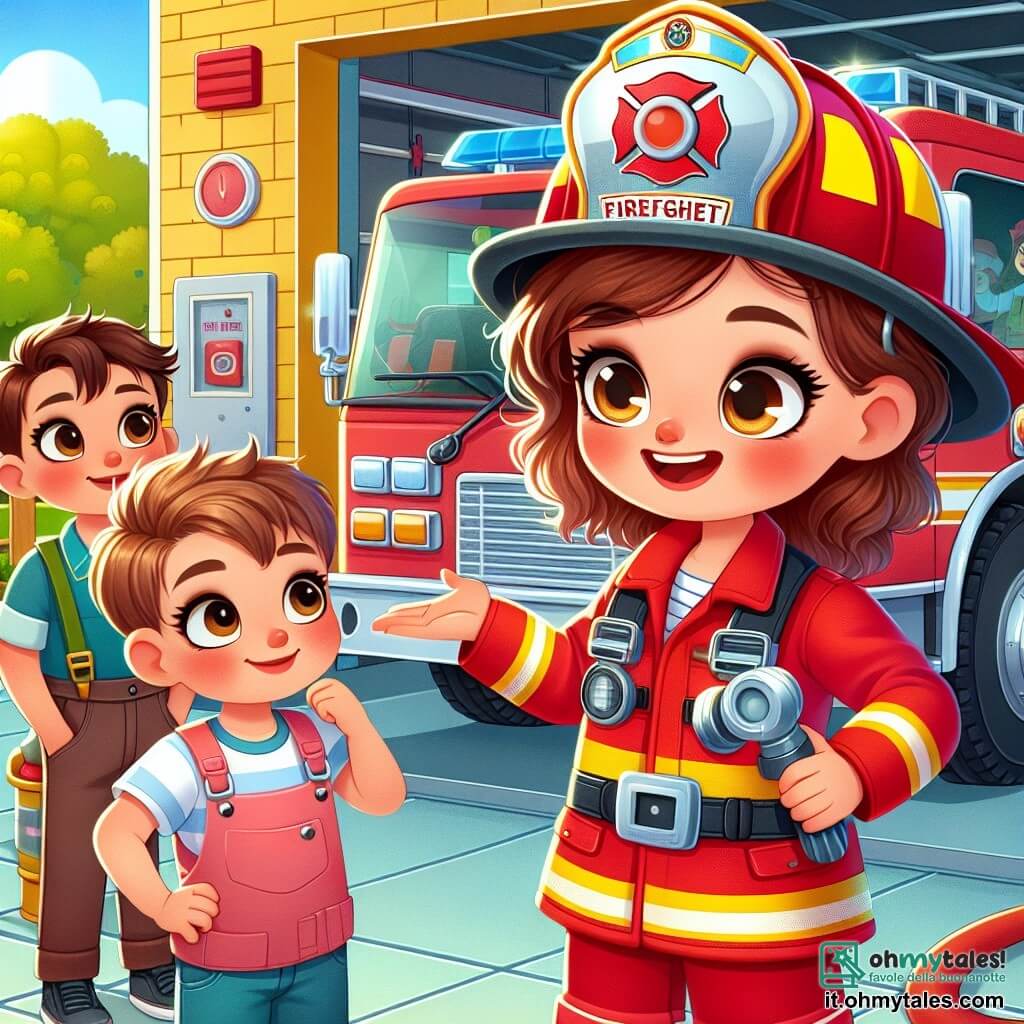 Una giovane donna pompiere, Laura, si erge fiera davanti a un grande camion dei pompieri rosso, con un casco lucido in testa e un sorriso caloroso sul volto. Indossa un'uniforme rossa e gialla, e i suoi occhi brillano di entusiasmo e determinazione mentre spiega il funzionamento del camion ai bambini. Accanto a lei, un ragazzo di nome Marco, di circa 8 anni, con un cappellino blu e capelli castani, la ascolta attentamente, gli occhi spalancati per la meraviglia. Tiene in mano un piccolo tubo da giardino di plastica, imitando Laura con un grande sorriso. Sofia, una ragazza di 7 anni con capelli ricci e un vestito rosa, si trova un po' indietro, con le mani sui fianchi, ammirando il camion mentre ascolta la conversazione. La scena si svolge in una caserma dei pompieri colorata, con muri dipinti di giallo vivo e attrezzi da pompiere appesi. Sullo sfondo si vedono alberi verdi e un cielo blu soleggiato, creando un'atmosfera gioiosa e accogliente. La situazione principale mostra Laura mentre condivide la sua passione per il mestiere di pompiere con i bambini, spiegando le diverse parti del camion e l'importanza del lavoro di squadra, trasmettendo un messaggio di coraggio e amicizia.