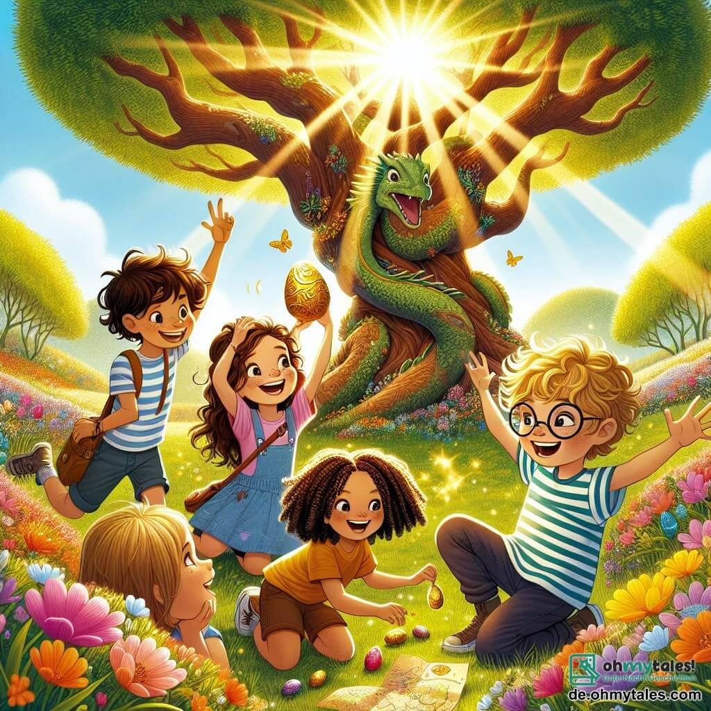 In einer sonnigen Lichtung versammeln sich vier Kinder um einen großen Baum, der wie ein Drache aussieht. Mia, ein 8-jähriges Mädchen mit großen braunen Locken und einem strahlenden Lächeln, hält ein goldenes Schokoladenei in ihren Händen und strahlt vor Freude. Links von ihr hebt Leo, ein 9-jähriger Junge mit zerzausten blonden Haaren, die Arme zum Sieg, seine Augen funkeln vor Aufregung. Rechts schaut Sophie, ein 7-jähriges Mädchen mit Zöpfen und einem bunten Kleid, neugierig auf die Karte, die sie gefunden haben. Schließlich hockt Ben, ein 8-jähriger Junge mit Brille und gestreiftem T-Shirt, nahe dem Baum und untersucht aufmerksam den Boden. Die Lichtung ist von leuchtenden Blumen umgeben, und die Sonne scheint durch die Blätter, wodurch helle Muster auf den Boden entstehen. Der Drachenbaum mit seinen verdrehten Ästen und seiner rauen Textur scheint fast lebendig zu sein und verleiht der Szene einen Hauch von Magie. Die Kinder feiern ihre Entdeckung des wertvollen goldenen Eis, das ein Symbol ihrer Freundschaft und des Abenteuers ist, das sie gemeinsam erlebt haben.