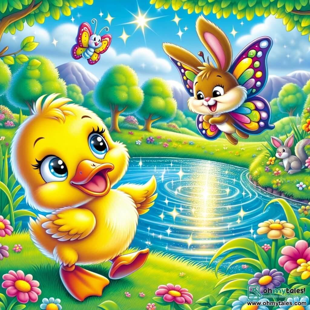 A little duck named Dilly, soft with her bright yellow feathers and small orange beak, stands joyfully by a sparkling pond, her eyes shining with excitement. Dilly hops in the green grass, ready for adventure. Next to her, a beautiful butterfly named Bella, with multicolored wings that shine like a rainbow, flies around Dilly, laughing and encouraging her friend. A small rabbit named Benny, with big ears and soft brown fur, stands a bit back, wearing a grateful smile, ready to follow them. The setting is a charming forest landscape, with majestic trees, colorful flowers dancing in the wind, and a blue sky dotted with fluffy clouds. The pond, surrounded by reeds, reflects the sun, creating glimmers of light that illuminate the scene. The main situation shows Dilly, Bella, and Benny preparing to embark together on a great adventure, filled with joy and enthusiasm, ready to explore the world and discover the magic of friendship.