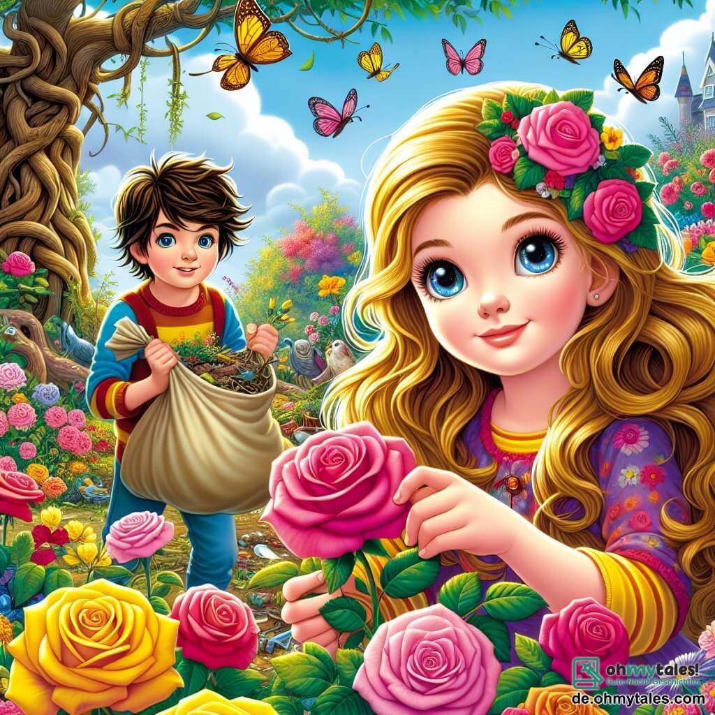 Die schlafende Schönheit, ein Mädchen mit langen goldenen Haaren und neugierigen Augen, steht inmitten eines wilden Gartens, umgeben von leuchtend bunten Rosen. Ihr Gesicht drückt Staunen und Entschlossenheit aus, während sie eine Rose in der Hand hält, bereit sie zu pflanzen. In der Nähe beobachtet ein etwa 8-jähriger Junge mit zerzausten braunen Haaren und bunten Kleidern fasziniert. Er hält einen Stoffbeutel voller Müll, den er gesammelt hat, und sein Lächeln zeigt, dass er bereit ist zu helfen. Der Garten ist ein magischer Ort mit wild blühenden Blumen, majestätischen Bäumen und einem blauen Himmel, der mit flauschigen weißen Wolken gesprenkelt ist. Bunte Schmetterlinge fliegen umher und verleihen der Atmosphäre einen Hauch von Märchen. Die Hauptsituation zeigt die schlafende Schönheit und den kleinen Jungen, die ihre Kräfte vereinen, um den Garten zu reinigen und diesen vernachlässigten Raum in einen Ort der Schönheit und Magie zu verwandeln, während sie von dem träumen, was er werden könnte.