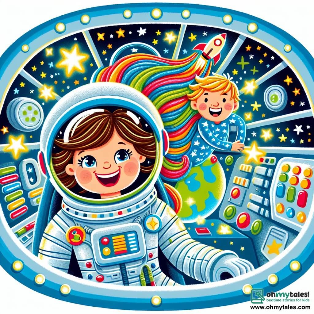 An astronaut woman, Mia, joyfully floats in her spaceship with a big smile on her face. She wears a shiny spacesuit adorned with bright colors, and her hair floats around her like stars. Next to her, a small boy named Sam, about 7 years old, gazes in wonder through the window. He has messy brown hair and wears a blue t-shirt with rocket patterns. His eyes are wide and bright, filled with curiosity. The spaceship is filled with colorful control panels, blinking lights, and windows overlooking a starry sky. Earth, blue and green, majestically floats in the background, surrounded by sparkling stars. Mia and Sam share a magical moment, with Mia explaining the wonders of space as they float together in this intergalactic adventure, filled with dreams and exploration.