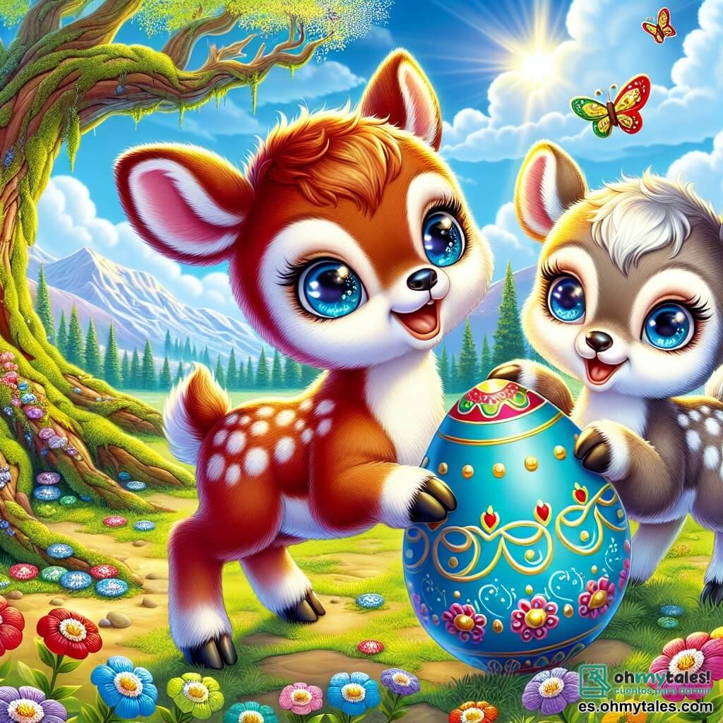 Ilustración que representa a un pequeño reno con pelaje rojo brillante y ojos llenos de curiosidad y emoción. Está de pie, con una pata levantada, sosteniendo un huevo de Pascua azul decorado con patrones dorados, y una gran sonrisa en su rostro. A su lado, su hermana, una reno de pelaje suave y plateado, expresa una alegría contagiosa, con los ojos brillantes de entusiasmo mientras observa el tesoro descubierto. Se inclina ligeramente hacia adelante, lista para admirar el huevo. Al fondo, un antiguo árbol majestuoso, con ramas extendidas y cubiertas de musgo verde, se alza en un claro soleado, donde flores coloridas salpican el suelo. El cielo es de un azul brillante, salpicado de nubes blancas y esponjosas, mientras un arcoíris luminoso se extiende sobre el paisaje. La escena principal muestra al pequeño reno descubriendo el huevo misterioso al pie del árbol, rodeado de la belleza de la primavera, con una atmósfera de magia y aventura palpable en el aire. Pequeñas mariposas coloridas vuelan a su alrededor, añadiendo un toque de fantasía a la escena.