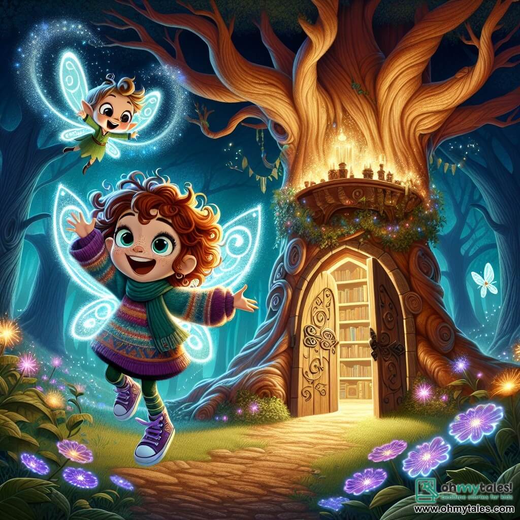 Elara, a 10-year-old witch with curly auburn hair, wears a colorful sweater and purple sneakers. She has a big excited smile as she holds a bright Heartstone, surrounded by magical light. Next to her, Pippin, a small pixie with sparkling wings and twinkling eyes, joyfully flies with arms raised in celebration. The setting is an enchanted glade with large gnarled trees and luminescent flowers glowing in the dark. At the center, an ancient tree houses a carved door leading to the magical library. The main scene shows Elara and Pippin, beaming with joy after discovering the Heartstone, ready to break the curse on Elara's family.