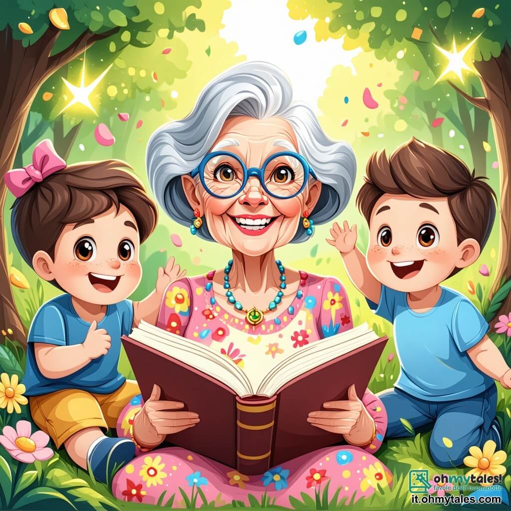 Al centro dell'immagine, Nonna Marta, una donna anziana con capelli grigi e occhiali tondi, sorride calorosamente. Indossa un vestito colorato a fiori e tiene un libro aperto tra le mani, circondata da un'aura di benevolenza e gioia. Intorno a lei, diversi bambini sono seduti sull'erba. Un ragazzo di 7 anni, con capelli castani e occhi brillanti, alza la mano con entusiasmo, pronto a fare una domanda. Una ragazza di 6 anni, con trecce bionde e un sorriso radioso, guarda Nonna Marta con ammirazione, gli occhi pieni di eccitazione. Il luogo è un parco soleggiato, pieno di fiori colorati e alberi verdi. Una fontana scintillante sullo sfondo aggiunge un tocco di magia all'ambiente. La scena principale mostra Nonna Marta che racconta una storia affascinante ai bambini, che l'ascoltano attentamente, seduti in cerchio sull'erba, assorbiti dalle sue parole e sognando avventure.