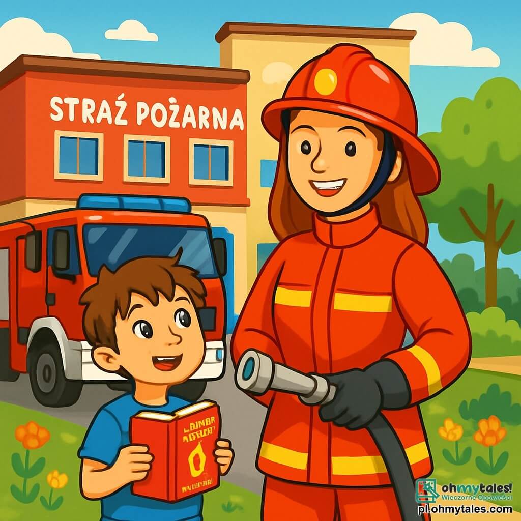Młoda kobieta, Kasia, mająca około 25 lat, dumnie stoi przed dużą strażnicą pożarną. Ma na sobie jaskrawoczerwoną kombinezon, błyszczący hełm strażacki i czarne rękawice, prezentując zdeterminowany uśmiech i oczy błyszczące z ekscytacji. Obok niej stoi mały chłopiec imieniem Wojtek, mający około 8 lat, z rozczochranymi brązowymi włosami i szeroko otwartymi oczami, patrząc z podziwem. Ma na sobie niebieski t-shirt i szorty, trzymając małą książkę o bezpieczeństwie pożarnym. Scena rozgrywa się na zewnątrz strażnicy, gdzie zaparkowane są duże czerwone wozy strażackie, otoczone kolorowymi kwiatami i zielonymi drzewami. Niebo jest niebieskie z kilkoma białymi chmurami, co dodaje świeżości atmosferze. Kasia i Wojtek stoją przed wozem strażackim, entuzjastycznie dyskutując o przygodach strażaków. Kasia pokazuje Wojtkowi, jak używać węża strażackiego, podczas gdy wóz błyszczy w słońcu, symbolizując ducha zespołowego i odwagę strażaków.