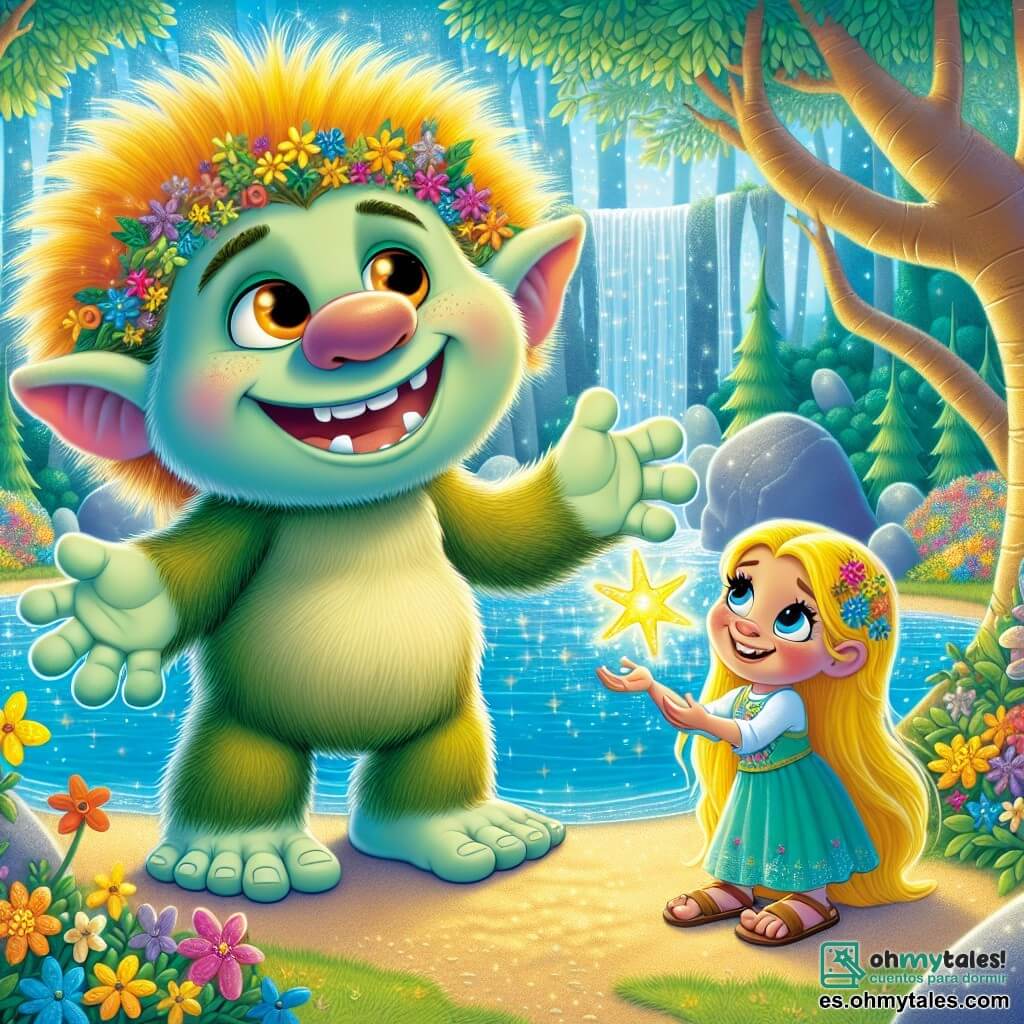 Un troll amistoso llamado Trolito, grande y peludo, con piel verde y ojos ámbar que brillan de alegría, está al borde de un lago mágico. Sonríe ampliamente, mostrando sus grandes dientes blancos, y extiende la mano hacia una estrella dorada que brilla intensamente sobre el agua. A su lado, una niña llamada Luna, de unos ocho años, con cabello dorado como el sol y ojos brillantes como estrellas, observa maravillada la estrella. Lleva un vestido colorido y sandalias, y está de rodillas, con las manos extendidas hacia el lago, lista para captar la magia. El lugar es un bosque encantado, con árboles majestuosos de hojas multicolores que brillan bajo la luz del sol. El lago es de un azul cristalino, rodeado de flores cantantes que susurran suavemente, creando una atmósfera mágica. Trolito y Luna están juntos para salvar el Lago de la Alegría, mientras descubren la magia de la estrella dorada, iluminando su camino hacia la aventura.