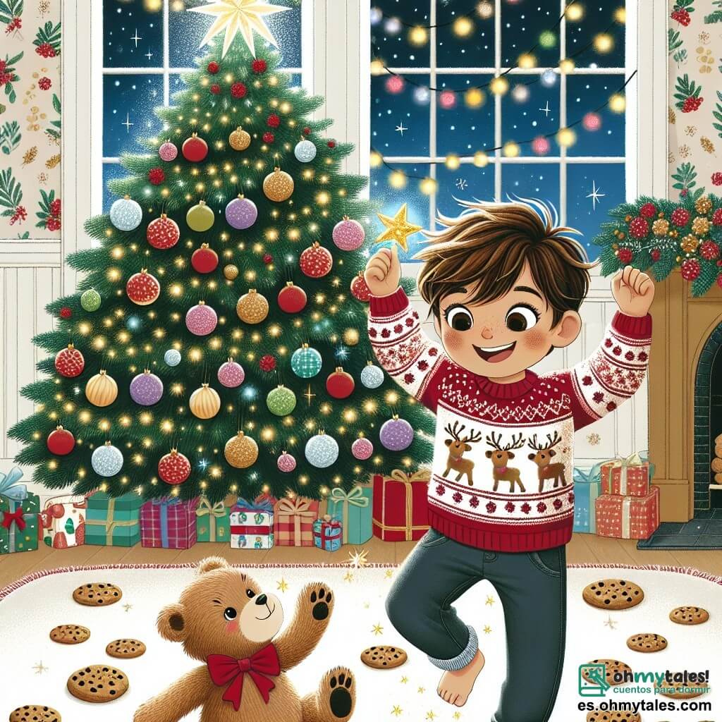 Pablo es un niño de 7 años, con cabello castaño desordenado y ojos llenos de alegría. Lleva un suéter rojo con un diseño de reno y pantalones de mezclilla. Está de pie junto al árbol, sosteniendo una estrella dorada en sus manos, con una gran sonrisa en el rostro. Bruno es un pequeño oso de peluche, de color marrón claro, con un lazo rojo alrededor del cuello. Está sentado en la alfombra, justo al lado de Pablo, levantando una pata como si quisiera tocar la estrella. La escena tiene lugar en una acogedora casa decorada para Navidad, con un gran árbol iluminado con guirnaldas brillantes y bolas de colores. Guirnaldas de luz brillan en las ventanas, y el aire está lleno de un dulce olor a galletas de Navidad. Pablo y Bruno descubren la magia de la Navidad bailando alegremente alrededor del árbol, rodeados de galletas de jengibre que aparecen mágicamente, mientras una estrella brillante ilumina la habitación.
