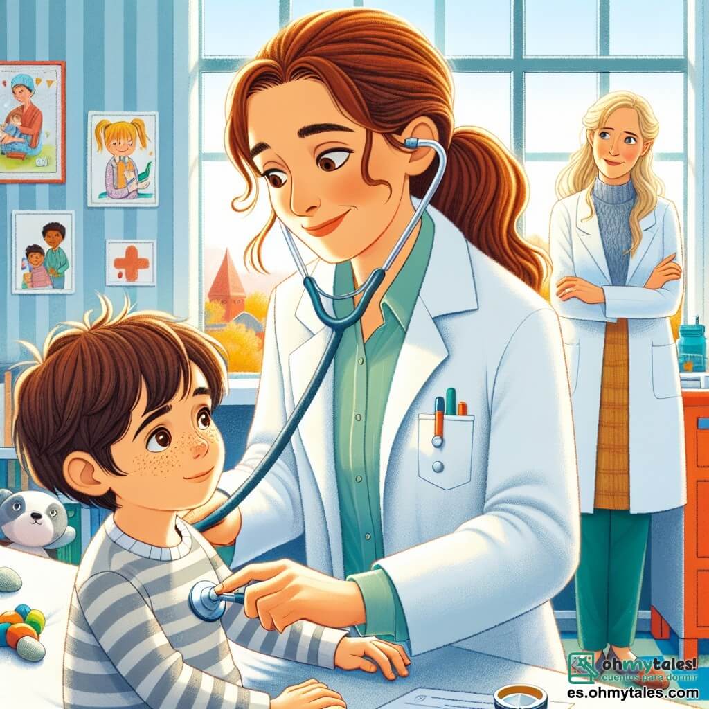 La doctora Valentina es una mujer de unos treinta años, con largos cabellos castaños recogidos en una coleta. Lleva una bata blanca un poco grande y su rostro irradia bondad y determinación. Está escuchando el corazón de un niño con un estetoscopio, sonriendo cálidamente para tranquilizar a su joven paciente. A su lado, Mateo, un niño de 7 años con cabello castaño y pecas en la nariz, está acostado en la mesa de examen, algo inquieto pero curioso, mirando a Valentina con ojos brillantes. Su madre, una mujer de unos treinta años con cabello rubio y un aire preocupado, se encuentra junto a él, con los brazos cruzados, observando la escena con esperanza. La consulta médica es colorida, llena de dibujos infantiles en las paredes, juguetes en el suelo y una gran ventana que deja entrar la luz del sol. Posters educativos sobre la salud decoran las paredes, creando un ambiente acogedor y alegre. La situación principal muestra a Valentina tranquilizando a Mateo, explicándole con dulzura lo que está sucediendo, mientras la madre escucha atentamente, esperando que su hijo se sienta mejor pronto.