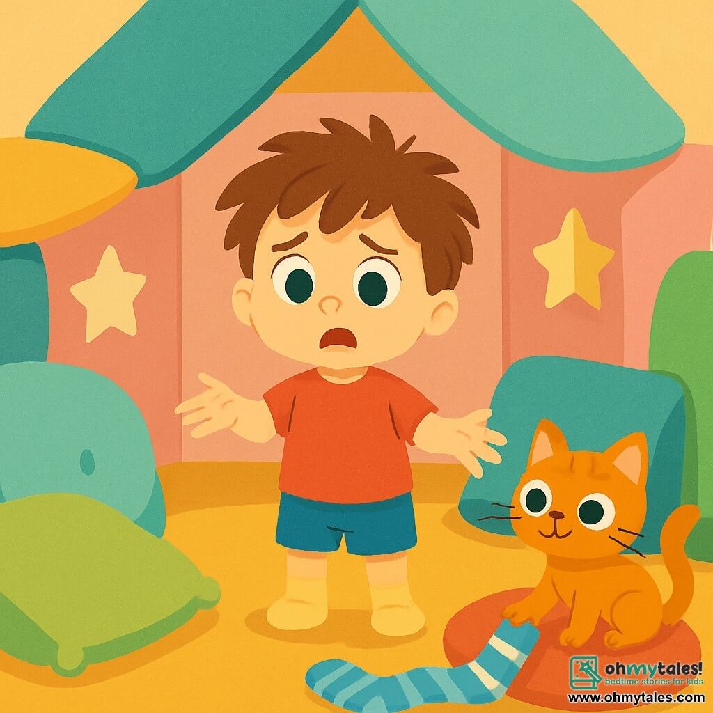 A 2-year-old boy named Leo, with messy hair and a mischievous smile, is desperately searching for his cloud-shaped pillow. His eyes shine with worry and curiosity as he stands in the middle of his cushion-filled home, surrounded by bright colors and soft shapes. Next to him, a playful orange kitten, about 1 year old, is amusingly playing with a sock turned pancake, watching Leo with delight. The house is a magical place made of fluffy cushions of all sizes, with pastel fabric walls and star-shaped windows. In this scene, Leo is anxiously searching for his pillow while the kitten joyfully plays, creating a funny and fantastical atmosphere.