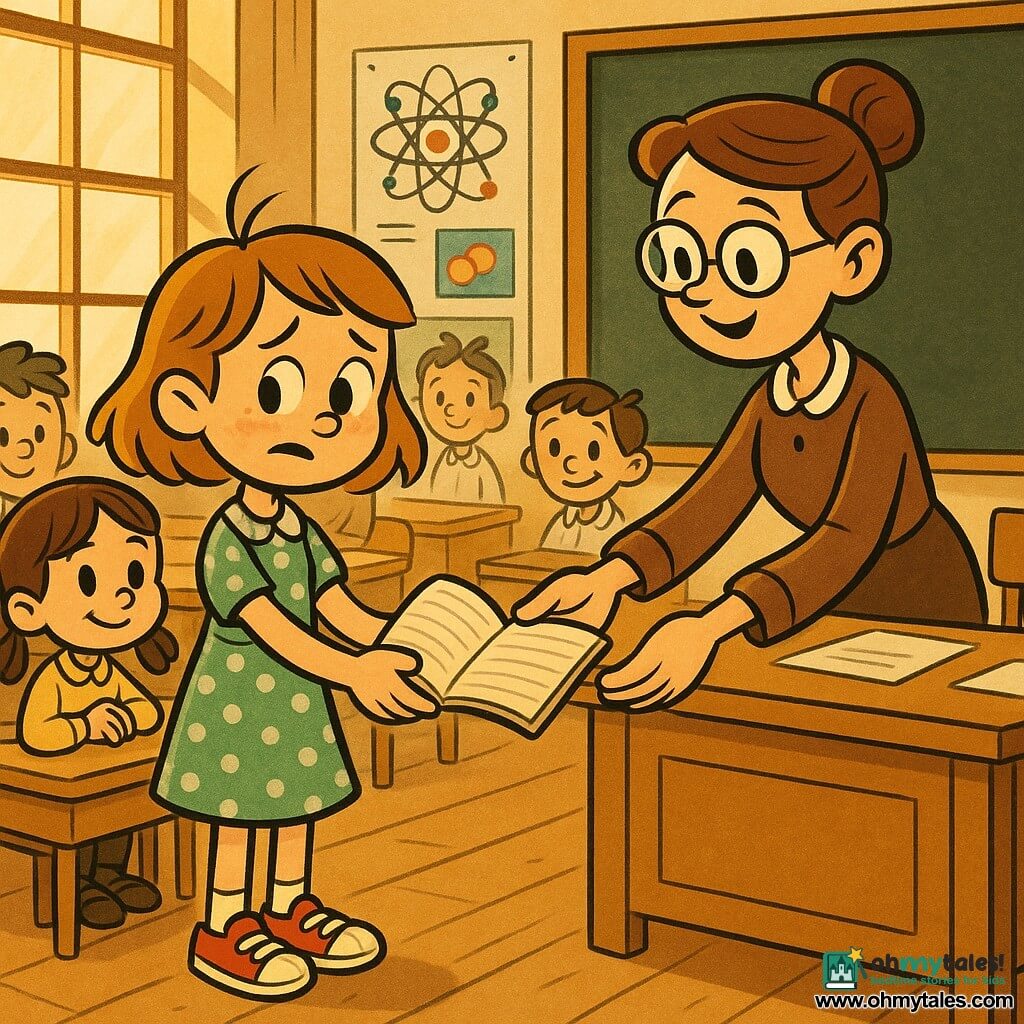 An 8-year-old girl, Mia, with a light-brown bob and a rebellious lock, freckles, a green polka-dot dress and red sneakers, looks nervous but relieved, shoulders slightly relaxed, offering an open notebook to her teacher; next to her sits 8-year-old Lily with brown pigtails and a yellow sweater, smiling kindly at Mia; Mrs. Carter, about 35, hair in a bun and round glasses, stands behind a light-wood desk with a gentle, encouraging expression, reaching for the notebook; the bright classroom has a large chalkboard, colorful science posters, rows of wooden desks and golden sunlight through a mullioned window; Mia admits she forgot or didn't finish her homework, the notebook between her and the teacher, eyes wet but calm, classmates in the background watching curiously.