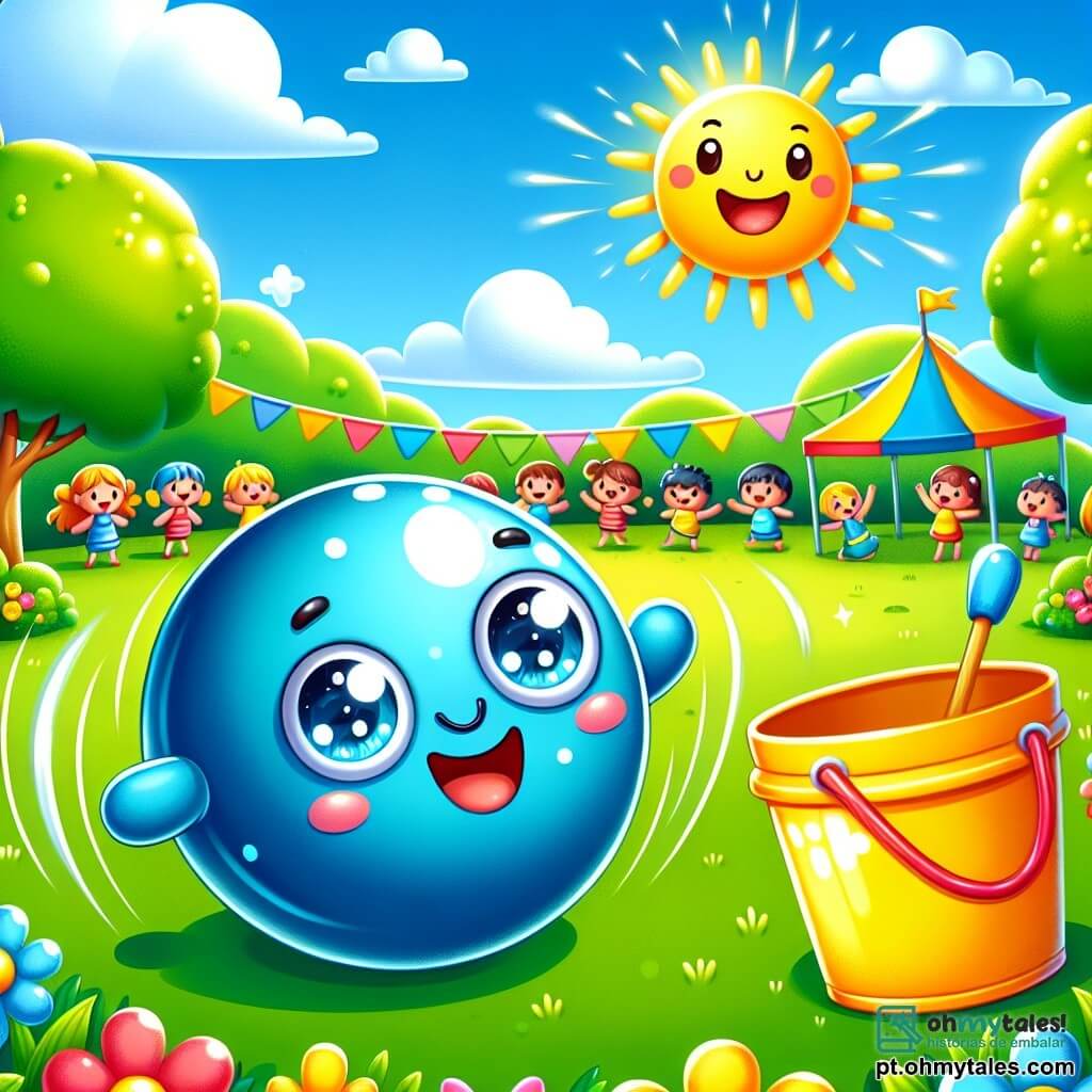Uma pequena bola azul sorridente, com grandes olhos brilhantes e um sorriso alegre, salta entusiasticamente em um campo verdejante ensolarado. Ao lado dela, um balde amarelo vibrante, com um rosto amigável e olhos redondos, aplaude feliz, observando a bola. O local é um campo de férias de verão, cheio de flores coloridas, árvores verdes e um céu azul radiante. Ao longe, crianças brincam e riem, contribuindo para a atmosfera alegre. A cena mostra a bola azul e o balde amarelo se divertindo juntos, cercados de risos e cores, celebrando a amizade e a alegria das férias de verão.