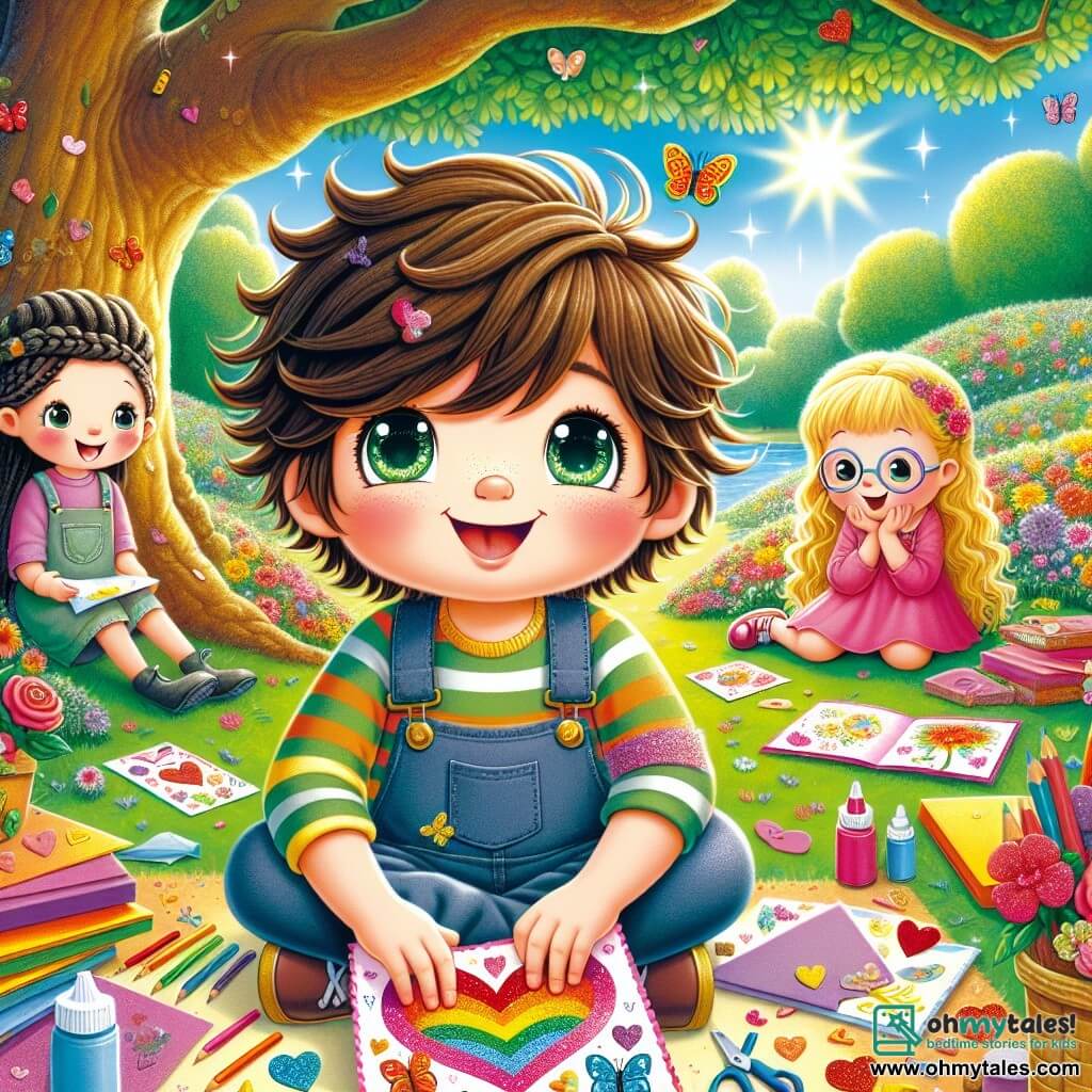 An 8-year-old boy, Elliot, with messy brown hair and sparkling curious eyes, is sitting under a large oak tree. He has a radiant smile and rosy cheeks, surrounded by colorful papers, scissors, and glitter, making Valentine's cards. Next to him, Maya, a 7-year-old girl with long braided blonde hair and a pink dress, admires a butterfly-shaped card that Elliot just finished. Leo, an 8-year-old boy with round glasses and black hair, laughs while reading a joke on his heart-shaped card. The setting is a sunny park with vibrant flowers of all colors, majestic trees, and a clear blue sky dotted with fluffy white clouds. In the background, a garden of sparkling flowers is preparing to shine under the evening lights. The main scene shows Elliot and his friends, joyful and focused, sharing laughter and excitement as they discover a mysterious pink envelope hidden under a bush, ready to lead them into a Valentine's adventure.