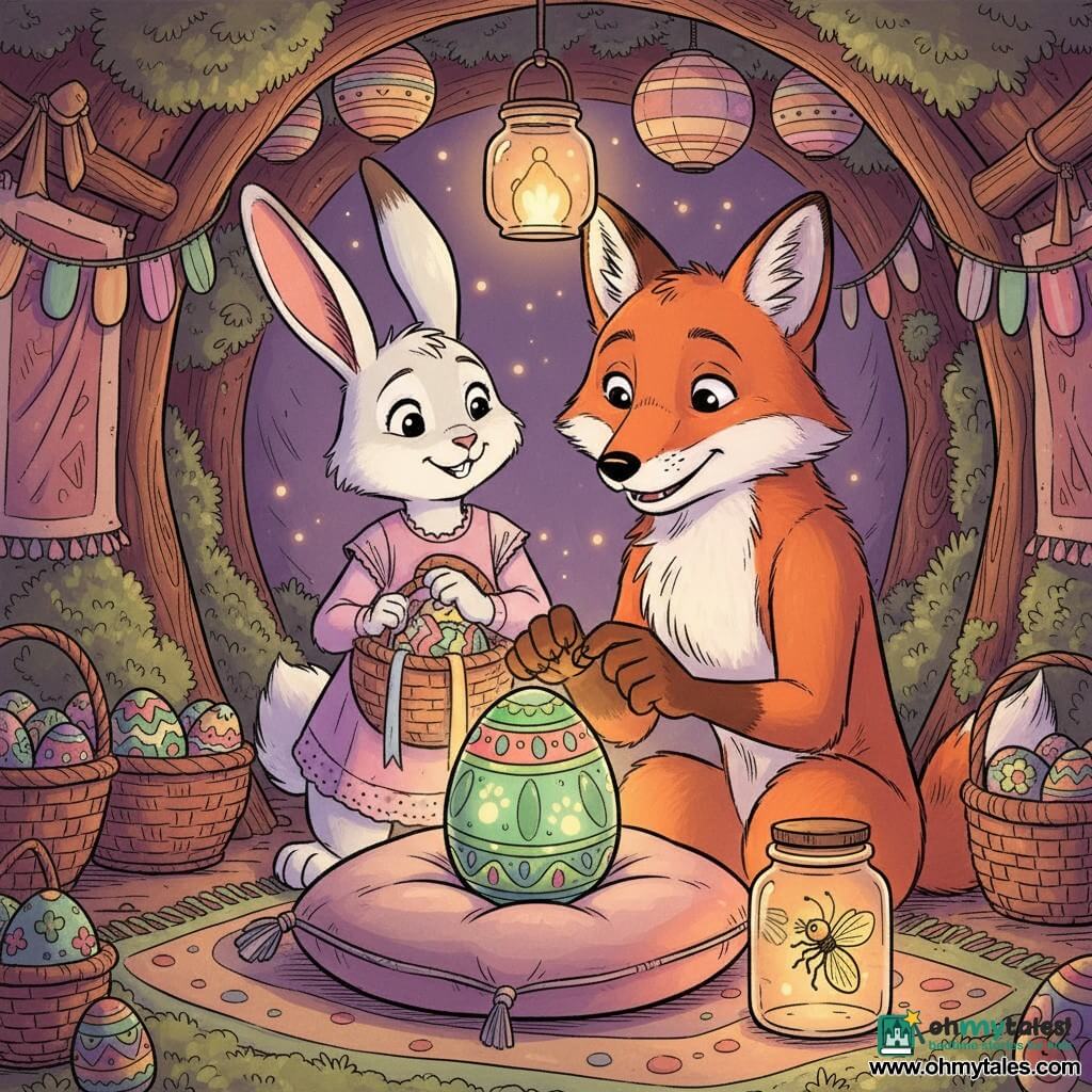 A red anthropomorphic fox (main character) with an amazed, serene expression, sparkling eyes and a fine muzzle delicately holds a painted egg with green, pink and blue patterns and silver lines on a cushion; he sits looking at the egg under a small jar-lantern emitting an amber glow. A white bunny friend (secondary) with long ears and a gentle, enthusiastic posture smiles while observing the egg from slightly behind to the left, holding a basket of ribbons. A small firefly in a glass jar to the right of the cushion emits a warm steady light that reveals a luminous pattern of tiny pawprints and carrots on the egg. The setting is a warm burrow under a large oak with earthen walls, moss rugs, pastel garlands, lined egg baskets and hanging paper lamps in wooded twilight colors, with visible wood and fabric textures. The scene is an intimate, calm moment of two friends sharing the magical discovery as the egg reveals its secret pattern under soft light; centered composition, cozy contemplative atmosphere, clean lines, vivid colors, childlike yet detailed style.