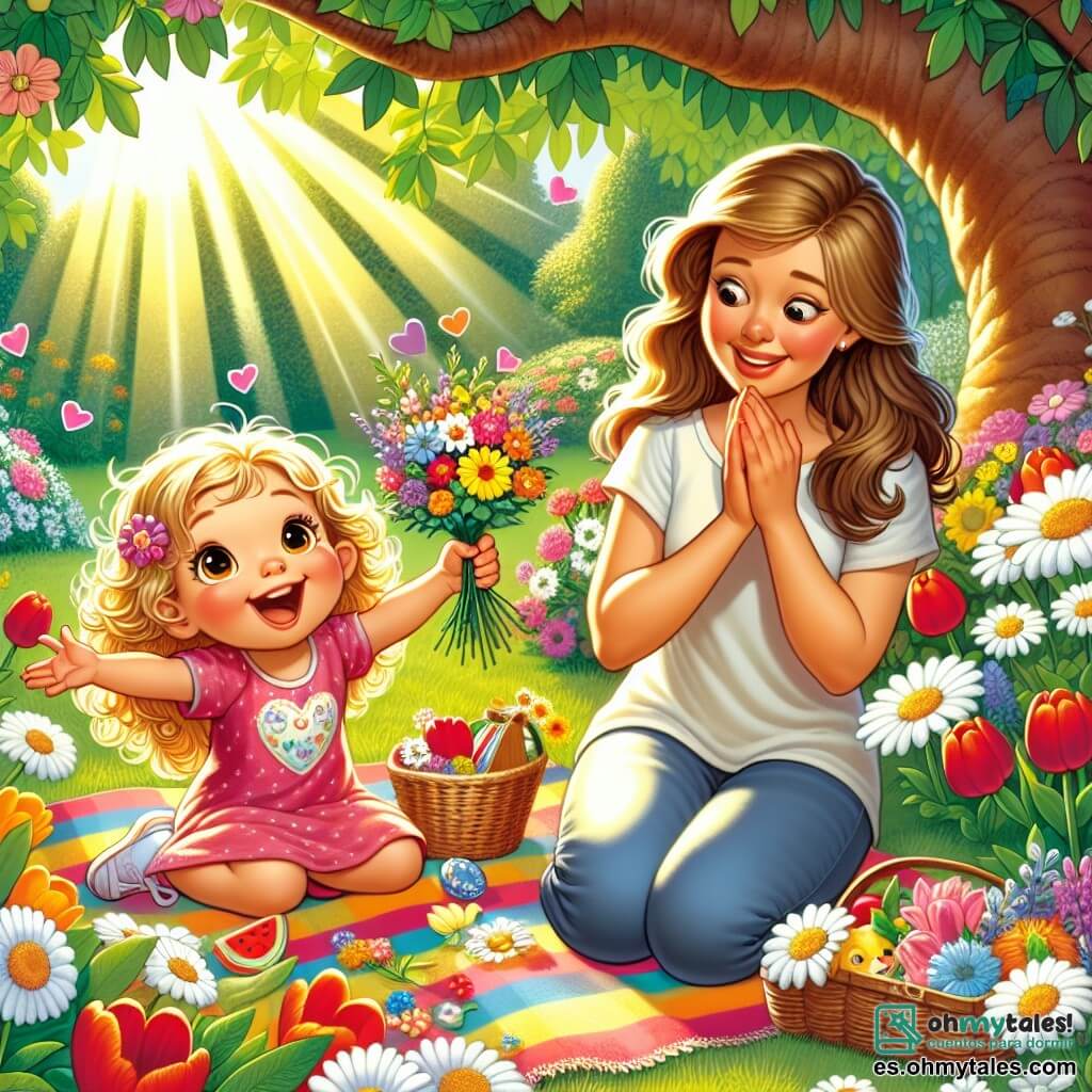 Una niña de 4 años, Clara, con bonitos rizos dorados y ojos brillantes de alegría, está sentada sobre una manta colorida en un jardín soleado. Sonríe con entusiasmo, sosteniendo un pequeño ramo de flores multicolores en sus manos, lista para sorprender a su mamá. Junto a ella, su mamá, una mujer de unos 30 años con largos cabellos castaños y una sonrisa cálida, se acerca con ojos llenos de asombro, descubriendo la sorpresa que su hija ha preparado. El jardín está lleno de flores brillantes, con margaritas blancas y tulipanes rojos que bailan con la brisa suave. Un gran árbol proporciona sombra en el fondo, ofreciendo un refugio perfecto para su picnic. Clara, llena de emoción, grita alegremente "¡Sorpresa!" mientras su mamá descubre el picnic sorpresa, creando un momento mágico lleno de amor y felicidad.