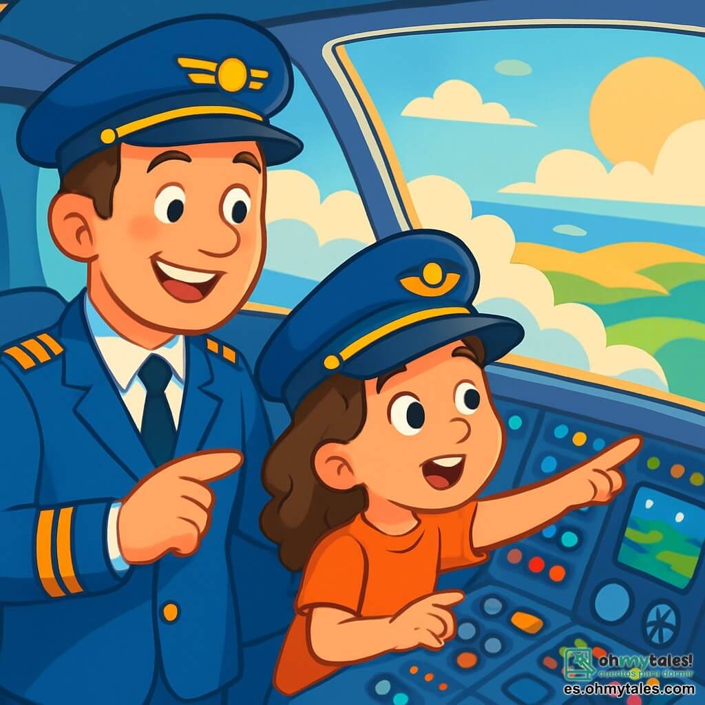Un hombre piloto sonriente, vestido con un uniforme azul brillante y con hombreras doradas, se encuentra en la cabina de un avión. Su rostro irradia orgullo y emoción mientras mira por la ventana, observando las nubes esponjosas abajo. A su lado, una niña de 8 años, con cabello castaño y rizado, lleva una gorra de piloto demasiado grande para ella. Está maravillada, con los ojos muy abiertos, señalando un paisaje colorido abajo. La cabina está llena de botones luminosos y pantallas brillantes, con una vista panorámica del cielo azul. Al fondo, se ven nubes blancas y un resplandor dorado del sol poniente. La escena principal muestra al piloto explicando con entusiasmo el funcionamiento del avión a la niña, que parece fascinada por cada palabra.