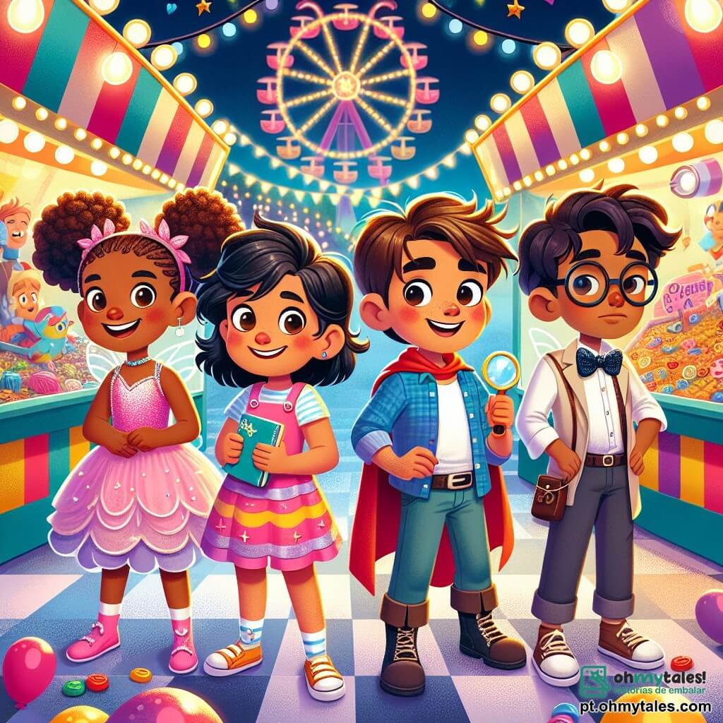 Quatro amigos, duas meninas e dois meninos, estão no centro de uma cena animada: Clara, uma menina de 9 anos com cabelos cacheados e um sorriso radiante, usa um lindo vestido de fada rosa e segura um pequeno caderno. Miguel, um menino de 10 anos, alto e sorridente, veste uma camisa de super-herói azul e observa ao redor com curiosidade. Ana, uma menina de 9 anos cheia de energia, está fantasiada de pirata com um bandana vermelho e uma espada de plástico, pronta para explorar. Pedro, um menino de 10 anos, com óculos e um ar pensativo, usa uma capa de detetive e segura uma lupa, observando atentamente os arredores. Eles estão em uma grande festa de rua colorida, cercados por barracas de jogos, balões flutuantes e luzes cintilantes. Ao fundo, uma roda-gigante gira lentamente, acrescentando à atmosfera festiva. A cena principal mostra os amigos procurando um travesso porquinho-da-índia que desapareceu, com expressões determinadas em seus rostos. Clara faz anotações, enquanto Miguel aponta para uma barraca de comida, Ana olha ao redor com empolgação e Pedro examina um mapa do carnaval, todos unidos em sua busca por aventura.