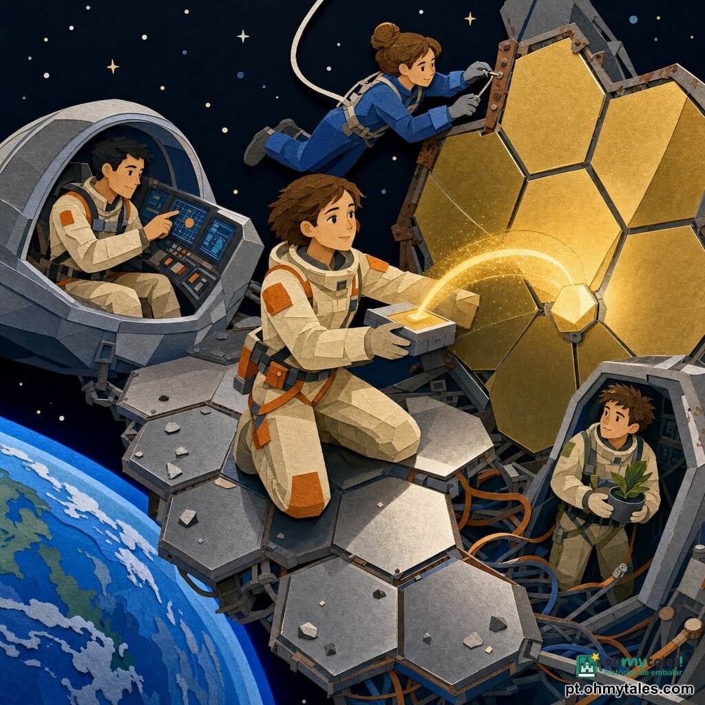 Lira, arqueóloga espacial ~35 anos, rosto concentrado e cabelos curtos castanhos, veste macacão creme com detalhes laranja e ajusta um grande espelho hexagonal enquanto pressiona um pequeno modulador retangular que cria um raio dourado em arco; Arun, piloto ~30 anos, cabelo preto curto, sentado na nacela de uma pequena nave prateada à esquerda junto à janela com vista da Terra, aponta para telas; Mei, engenheira ~28 anos, pele clara e cabelo em coque, em macacão azul presa por cabo à plataforma S-17 verifica uma dobradiça enferrujada; Téo, biólogo ~25 anos, cabelo desgrenhado, observa segurando um pequeno vaso de planta na entrada da nave à direita; cenário: plataforma S-17 do Campo Solar Orbital com placas hexagonais metálicas, espelhos brilhantes refletindo um sol dourado, cabos, vestígios de micrometeoritos e o espaço negro com a Terra azul; ação principal: equipe alinhando um espelho solar antigo com sensação de esforço calmo e descoberta, pressa antes da sombra da Terra, paleta contrastante (dourado, prata, azul profundo) e texturas nítidas.