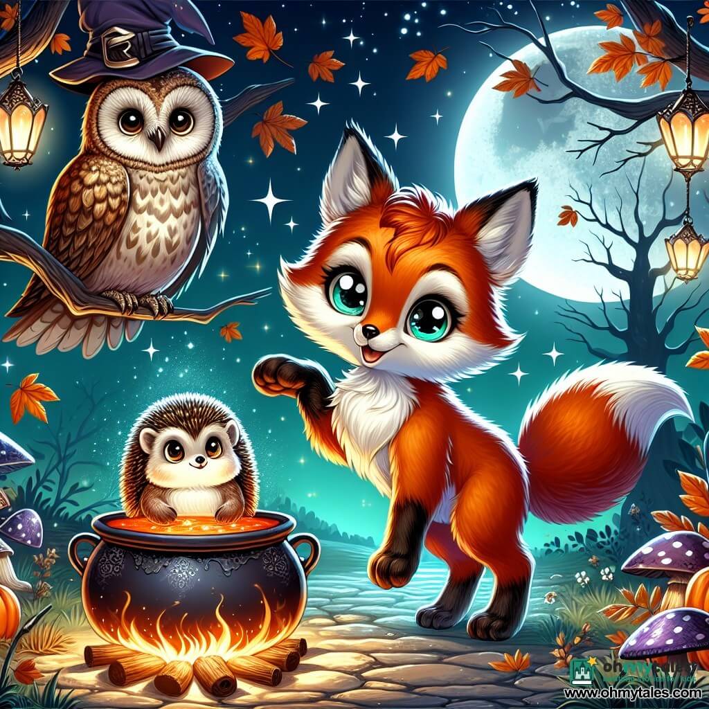 A clever young fox with a vibrant coat and sparkling curious eyes stands in the center of an enchanted clearing, a look of wonder on his face. Next to him, a small hedgehog with soft spines and bright excited eyes raises a paw to show him a large bubbling cauldron. An old owl perched on a low branch watches the scene with a wise and amused gaze, its brown and white feathers blending into the darkness of the night. The clearing is illuminated by twinkling lanterns hanging from the tree branches, while autumn leaves swirl in the cool Halloween air. In the background, the moon shines brightly, casting a silver light on the group, which is preparing to celebrate a magical feast under a starry sky.