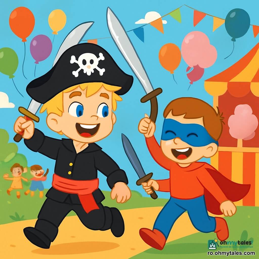 Un băiat de 4 ani, Andrei, cu părul blond zbârlit și ochi strălucitori ca două mărgele albastre, poartă un costum de pirat negru cu o curea roșie mare. Zâmbește larg, plin de entuziasm, ținând o sabie de jucărie din plastic strălucitoare. Lângă el, prietenul său Vlad, tot un băiat de 4 ani, este deghizat în super-erou cu o pelerină roșie și o mască albastră. Râde vesel, ținând o sabie de pirat de jucărie pe care i-a împrumutat-o Andrei. Scena se desfășoară într-un parc plin de baloane colorate plutind în cerul albastru, ghirlande din hârtie creponată și standuri cu dulciuri, unde mirosul dulce de vată de zahăr plutește în aer. Departe, copii dansează și râd, în timp ce un clovn colorat jonglează cu baloane. Situația principală arată cum Andrei și Vlad aleargă împreună, imitând sunete de luptă de pirat și super-erou, fețele lor strălucind de bucurie și prietenie, în timp ce se distrează la carnaval, înconjurați de culori strălucitoare și râsete de copii.