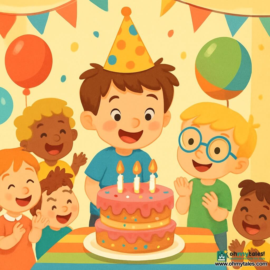 There are 2 main characters: Ben, a 6-year-old boy with messy brown hair and sparkling eyes, wearing a shiny birthday hat and a blue t-shirt, standing in the center, smiling and ready to blow out his candles; and Max, also 6, with blonde hair and round glasses, wearing a green t-shirt and holding a large colorful balloon, standing next to Ben with a big smile, looking at the cake. The setting is a joyfully decorated party room with colorful streamers hanging from the ceiling and floating balloons. A large table is covered with a striped tablecloth, featuring a multi-layered cake with pink frosting and colorful sprinkles. The main scene shows Ben and Max surrounded by their friends, ready to celebrate Ben's birthday, as Ben is about to blow out the candles on his cake while Max enthusiastically encourages him, and all the children are laughing and clapping around them.