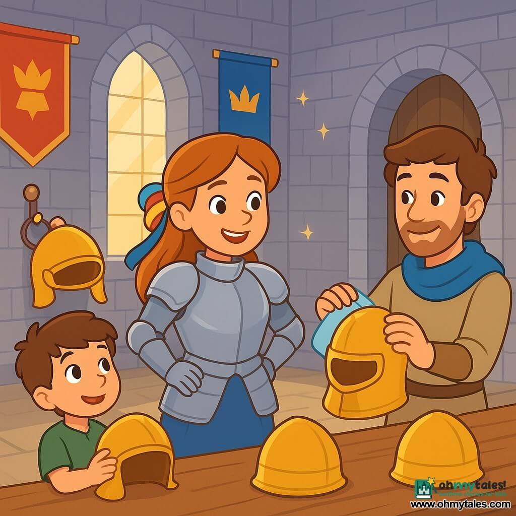 A brave knightess, Lady Lark, stands proudly in the center of the castle's great hall, wearing shiny armor and a warm smile. Her long hair is tied with a colorful ribbon, and her eyes sparkle with determination. Beside her is a young boy named Pip, about 8 years old, wearing a small tunic and holding a wooden helmet, admiring his knightess. Another character, Sir Rowan, a man in his thirties with an arm in a blue sling, stands near the door, ready to help by polishing helmets. The great hall is spacious, with gray stone walls adorned with colorful banners gently fluttering. Sunlight streams through large windows, illuminating the helmets lined up on wooden tables. Lady Lark and Pip are preparing for a big celebration by hanging shiny helmets on hooks, while Sir Rowan encourages them with a smile. The atmosphere is joyful and energetic, filled with camaraderie and teamwork.