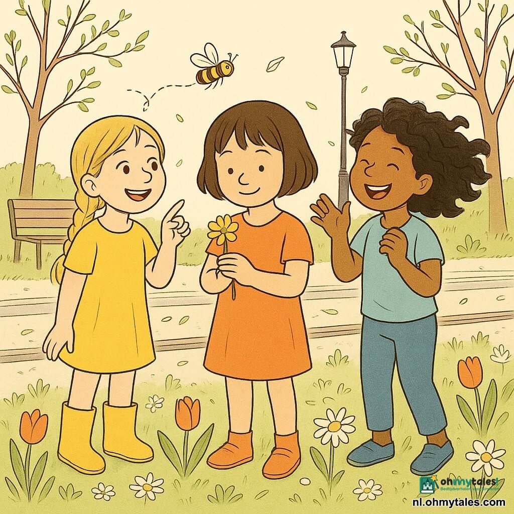Drie meisjes bij een tramhalte in de lente: Mila (6) met kort bruin haar en een oranje jurk houdt voorzichtig een gele bloemetje in het midden, Noor (7) met blond gevlochten haar en gele laarzen wijst naar een bij boven de bloemen links van Mila, Samira (6) met zwarte krullen en een blauwe broek lacht en doet een zoemend bijengeluid rechts van Mila; voorgrond rails, smalle strook aarde met tulpen en madeliefjes, dansende bloemblaadjes en gras, een versleten houten bank en eenvoudige lantaarn op de achtergrond, zonnige zachte sfeer en blije gezichten.