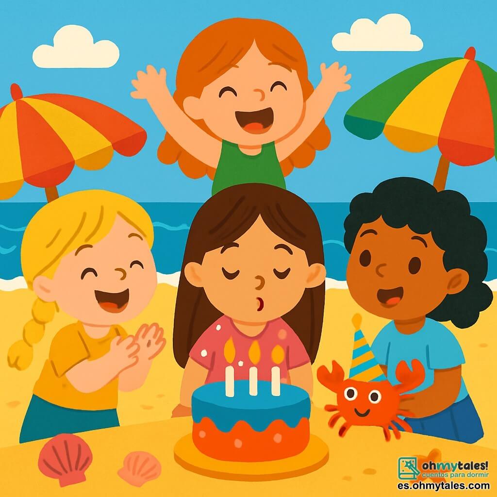 Hay 4 niños: - Sofía: una niña de 6 años, con cabello largo castaño y un vestido rosa con lunares. Está en el centro, sonriendo, soplando las velas de un pastel de cumpleaños. - Emma: una niña de 5 años, con trenzas rubias y una camiseta amarilla. Está a la izquierda de Sofía, aplaudiendo con alegría. - Lucía: una niña de 6 años, con cabello negro rizado y una falda azul. Está a la derecha de Sofía, sosteniendo un pequeño cangrejo con un sombrero de fiesta. - Carla: una niña de 5 años, con cabello rojo y un vestido verde. Está detrás de Sofía, saltando de alegría con una gran sonrisa. El lugar es una playa soleada, con arena dorada y suaves olas rompiendo en la orilla. Al fondo, se ven conchas de colores y sombrillas multicolores. El cielo es azul con algunas nubes blancas esponjosas. La situación principal muestra a Sofía soplando las velas de su pastel de cumpleaños, rodeada de sus amigas que aplauden y ríen. Un cangrejo divertido con un sombrero de fiesta está presente, añadiendo un toque de magia a este momento alegre.