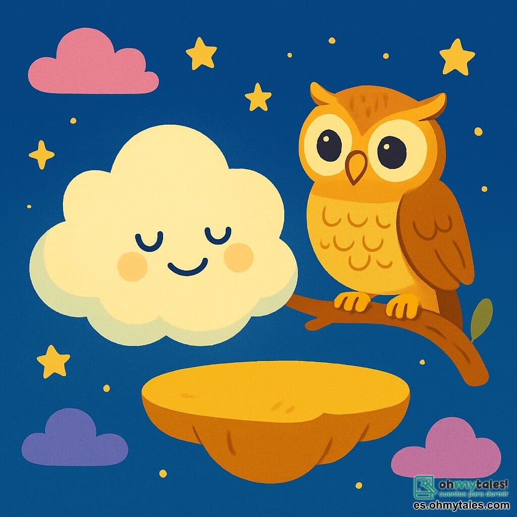 Una pequeña nube suave y esponjosa, llamada Nubi, flota pacíficamente en un cielo estrellado, con una sonrisa serena en su rostro. Sus contornos son redondeados y esponjosos, y brilla con una luz suave y reconfortante. Junto a ella, un sabio búho de plumas doradas y grandes ojos brillantes observa con benevolencia. Está posado en una rama de árbol, mostrando una expresión tranquila y amigable, listo para contar una historia. El lugar es una isla flotante, rodeada de estrellas centelleantes y nubes pastel. El cielo es de un azul profundo, salpicado de nubes rosas y violetas, creando una atmósfera mágica y tranquila. La situación principal muestra a Nubi y al búho compartiendo un momento de dulzura, donde Nubi se deja llevar por la melodía reconfortante de la historia, flotando suavemente en el aire, mientras el búho le susurra palabras de consuelo.