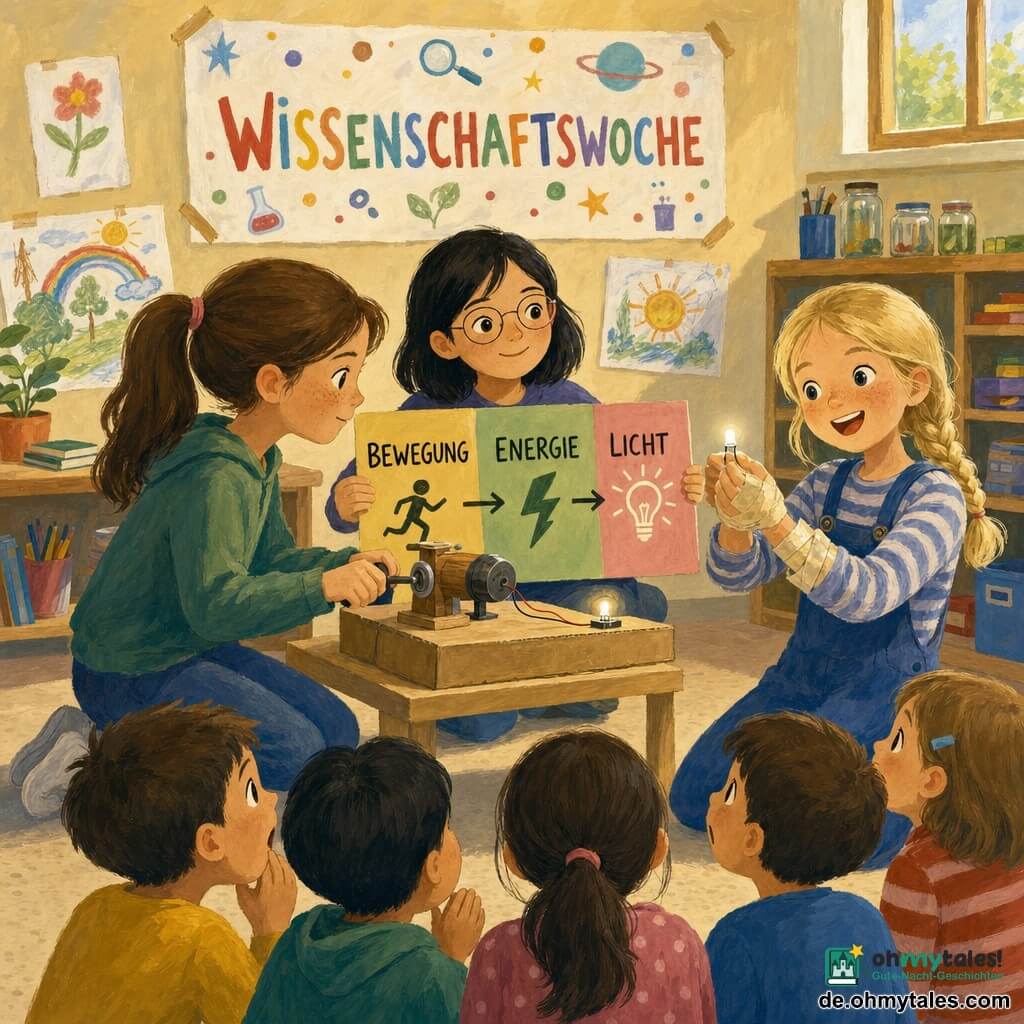 Drei Mädchen (etwa 10–11 Jahre): links kniend ein braunhaariges Mädchen mit Pferdeschwanz und Sommersprossen, das eine kleine Holzkurbel an einem selbstgebauten Dynamo dreht; rechts ein blondes Mädchen mit Zopf, klebrigen Händen, das lächelnd die leuchtende LED den Kindern zeigt; mittig sitzend ein dunkelhaariges Mädchen mit dünner Brille, das ein buntes Schild mit Pfeilen (Bewegung → Energie → Licht) hält und die anderen zuversichtlich anschaut; Ort: helle, gemütliche Klassenzimmeratmosphäre mit hellen Holztischen, Regal mit Büchern und Werkzeuggläsern, Poster „WISSENSCHAFTSWOCHE“ und Kinderzeichnungen; Szene: die drei präsentieren ein pädagogisches Modell (Pappplatte, Dynamo, Kurbel, LED), kleinere Kinder davor staunend, Pastellfarben, gouacheartige Textur, neugierige, wohlwollende Stimmung.