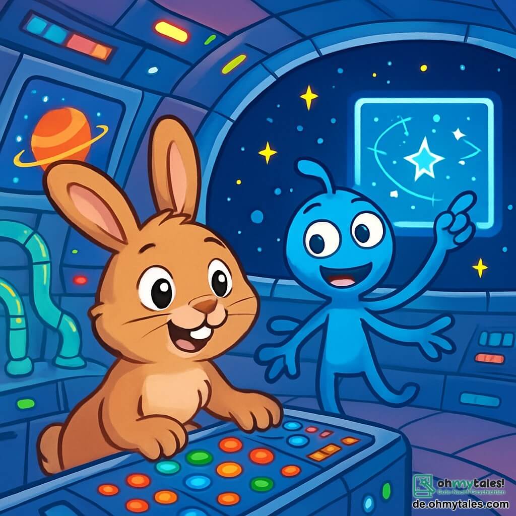 Hopsi, ein kleiner Hase mit großen Ohren und weichem, braunem Fell, steht in der Mitte der Szene, mit weit aufgerissenen Augen voller Staunen und einem fröhlichen Lächeln auf dem Gesicht. Er erkundet neugierig das Innere eines leuchtenden Raumschiffs, seine Vorderpfoten auf einem Kontrolltisch mit bunten, blinkenden Knöpfen. Neben ihm schwebt Zilp, ein blauer Außerirdischer mit fünf dünnen Armen und runden, leuchtenden Augen, leicht über dem Boden und zeigt eine freundliche, begeisterte Miene. Er deutet auf ein Hologramm der Sternenkarte, seine Arme weit ausgebreitet vor Aufregung. Das Raumschiff ist mit schimmernden Metallwänden gefüllt, die mit bunten Lichtern geschmückt sind, die auf den Oberflächen tanzen. Holographische Bildschirme projizieren Bilder von fernen Planeten, während transparente Rohre, gefüllt mit leuchtenden Flüssigkeiten, durch den Raum schlängeln. Die Hauptsituation zeigt Hopsi und Zilp bei ihrer Erkundung, während sie gemeinsam die Wunder des Universums entdecken, mit leuchtenden Sternen, die durch ein großes kuppelförmiges Fenster sichtbar sind, was eine magische und fesselnde Atmosphäre schafft.