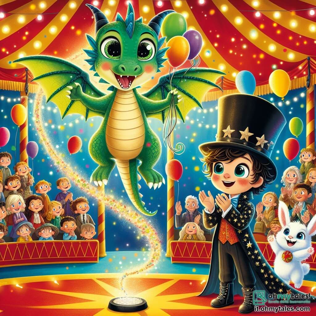 Un piccolo drago di nome Fiammetta, con squame verdi brillanti e grandi occhi scintillanti, si trova al centro di una scena circense, irradiando gioia ed eccitazione. Sta volando in cerchio, tenendo palloncini colorati nelle sue piccole zampe. Accanto a lui, un giovane mago di nome Leo, con un grande cappello a cilindro nero e un mantello stellato, sorride con orgoglio, gli occhi brillanti di entusiasmo mentre applaude il suo amico. Sullo sfondo, un adorabile coniglio bianco salta allegramente, aggiungendo un tocco di magia alla scena. Il luogo è un circo vibrante, con un grande tendone a strisce rosse e gialle, illuminato da ghirlande di luci scintillanti. Gli spettatori meravigliati, con volti gioiosi, riempiono le panchine, mentre coriandoli colorati fluttuano nell'aria. La situazione principale mostra Fiammetta e Leo in piena esibizione, creando un momento magico in cui il drago e il mago incantano il pubblico con trucchi di magia e acrobazie aeree, pieni di risate e applausi.