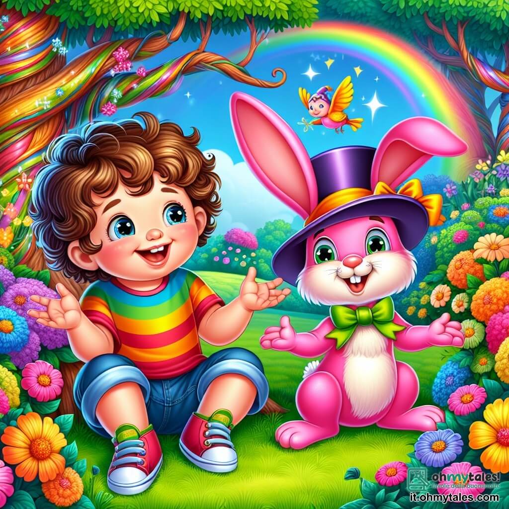 Un bambino di 2 anni, Leo, con capelli ricci e occhi pieni di curiosità, ride a crepapelle mentre indossa una maglietta colorata e pantaloni corti di jeans. È seduto sull'erba verde di un giardino incantato, circondato da fiori multicolori. Accanto a lui, un coniglio rosa di nome Bubi, con grandi orecchie e un sorriso malizioso, è in piedi sulle zampe posteriori, pronto a fare un nuovo trucco. Indossa un piccolo cappello da mago ed è molto divertito dalla situazione. Su un albero vicino, un uccellino giallo canta allegramente, con piume brillanti e un'aria birichina. Guarda Leo e Bubi con uno sguardo complice, pronto a unirsi alle loro avventure. Il giardino è pieno di colori vivaci, con alberi dai tronchi contorti e fiori che sembrano danzare al ritmo del vento. Farfalle volano intorno, aggiungendo all'atmosfera magica. La scena principale mostra Leo che ride mentre una enorme fetta di torta fluttua nell'aria, proprio sopra la sua testa, pronta a cadere, mentre Bubi cerca di afferrarla con le sue zampe anteriori.