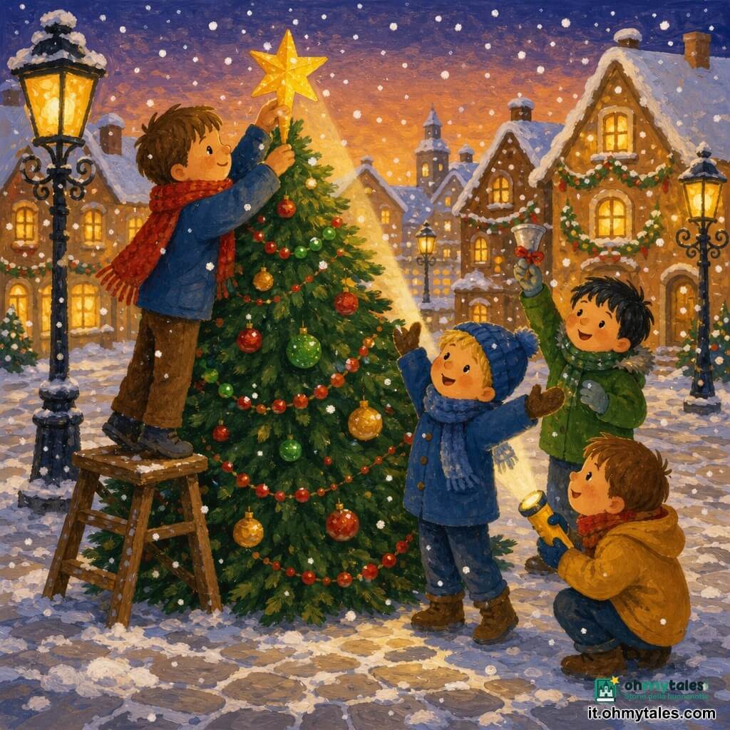 Quattro bambini: Leo (6 anni) capelli castani corti con grande sciarpa rossa, a sinistra dell'albero mentre posa una piccola stella dorata in cima; Tom (5 anni) biondo con berretto blu, a destra di Leo, applaude con le mani alzate; Pio (6 anni) capelli neri con cappotto verde, dietro gli altri, fa tintinnare un piccolo sonaglio argentato; Sam (5 anni) castano, accovacciato a destra con una torcia gialla che illumina la stella. Luogo: piazza di paese innevata al crepuscolo, case color pan di zenzero con finestre calde, lampioni in ferro battuto e ghirlande intorno a un grande abete al centro. Situazione: i quattro decorano l'albero di Natale al centro, fiocchi di neve che cadono dolcemente, atmosfera gioiosa e accogliente.